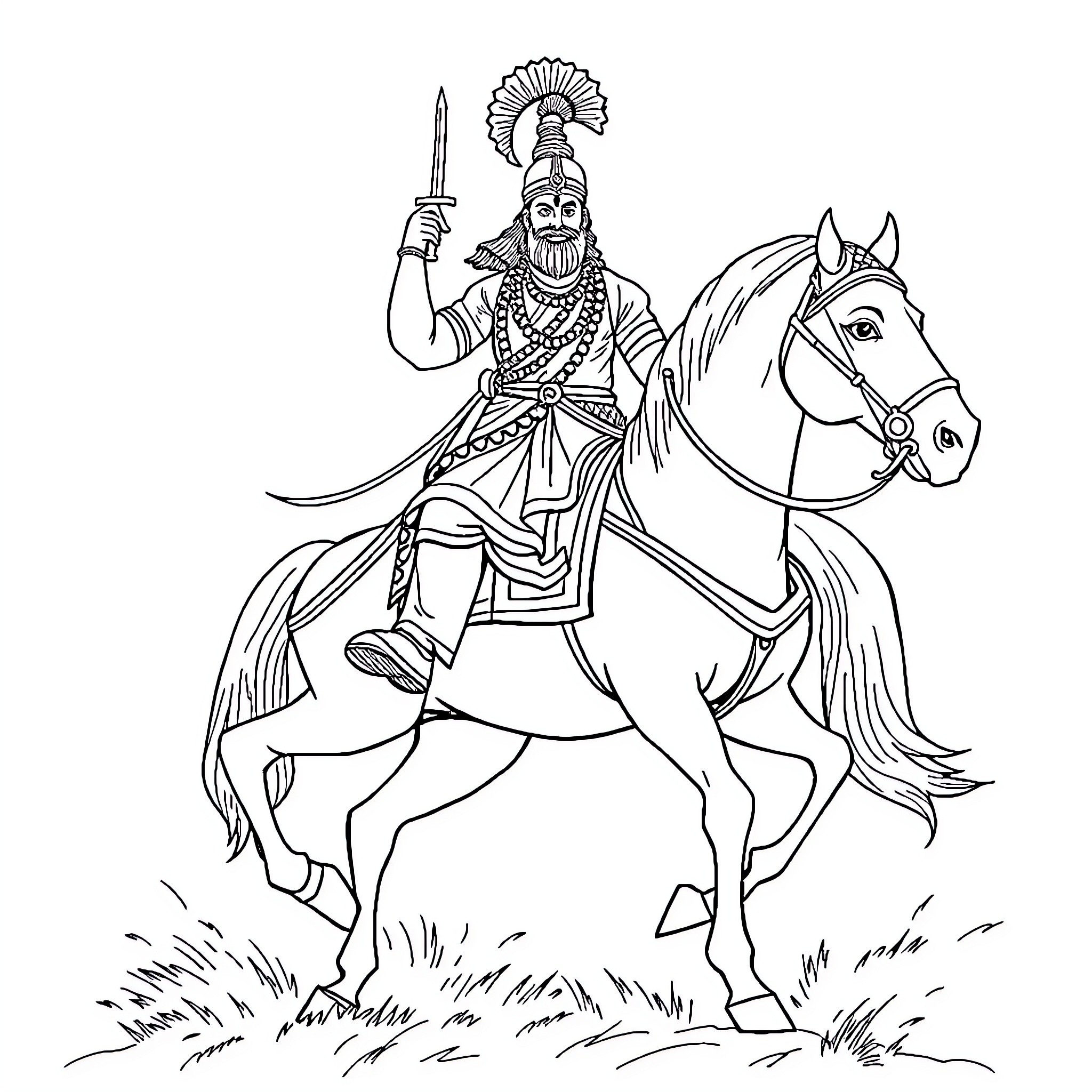 Shivaji Maharaj Depicted on Horseback with Sword Coloring Page (free black-and-white line drawing printable PDF for all, from beginners to advanced learners, including children, teens, adults, and seniors)