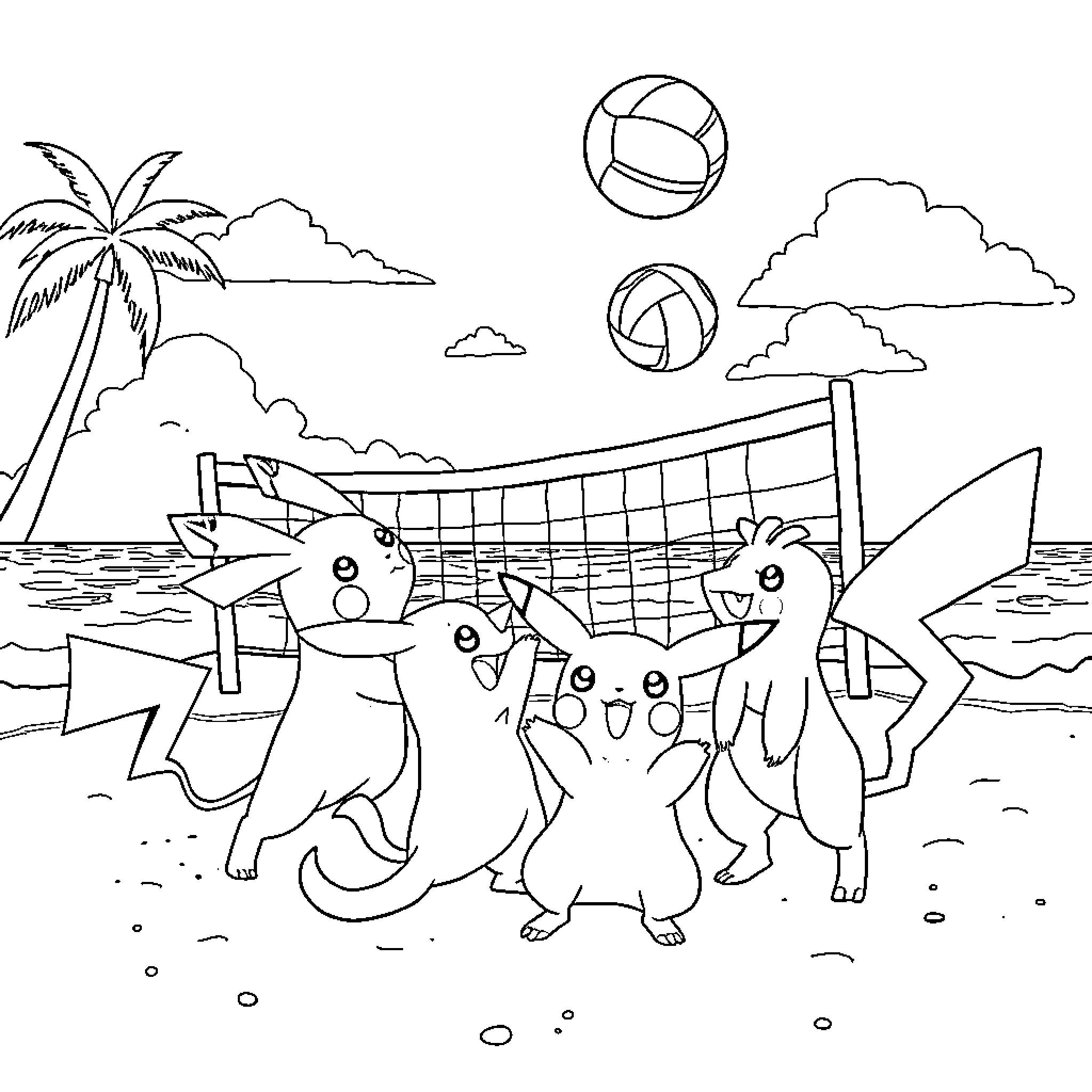 Pokémon playing beach volleyball by the ocean Coloring Page (free black-and-white line drawing printable PDF for all, from beginners to advanced learners, including children, teens, adults, and seniors)