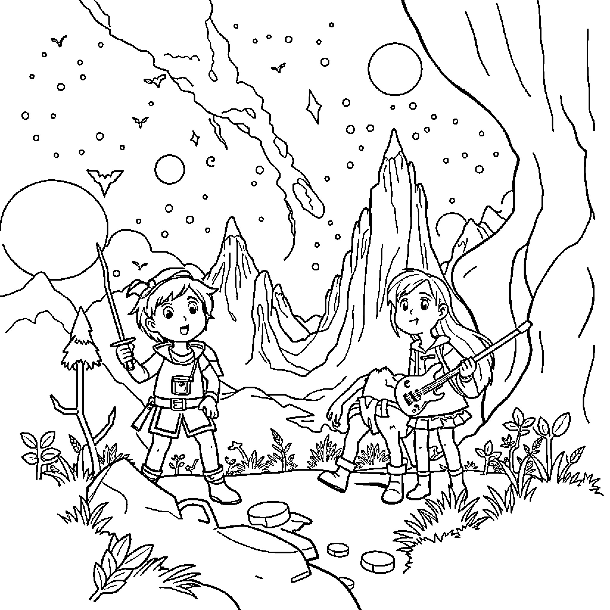 Adventure Time with Friends in Magical Landscape Coloring Page (free black-and-white line drawing printable PDF for all, from beginners to advanced learners, including children, teens, adults, and seniors)