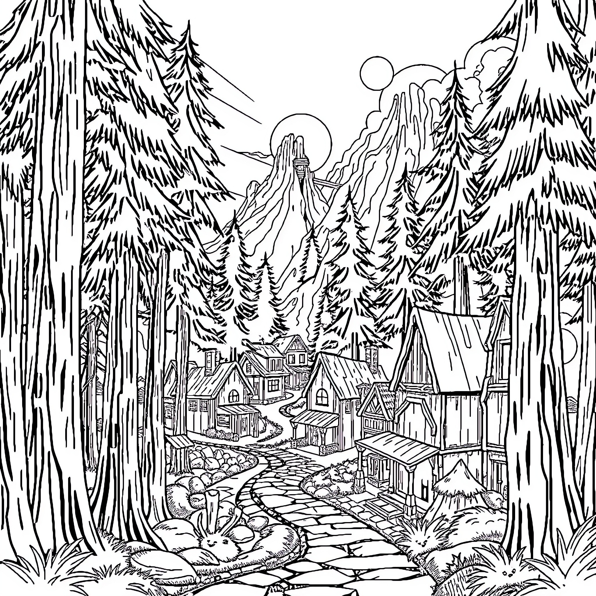 Gravity Falls - Enchanting Woodland Village Landscape Coloring Page (free black-and-white line drawing printable PDF for all, from beginners to advanced learners, including children, teens, adults, and seniors)
