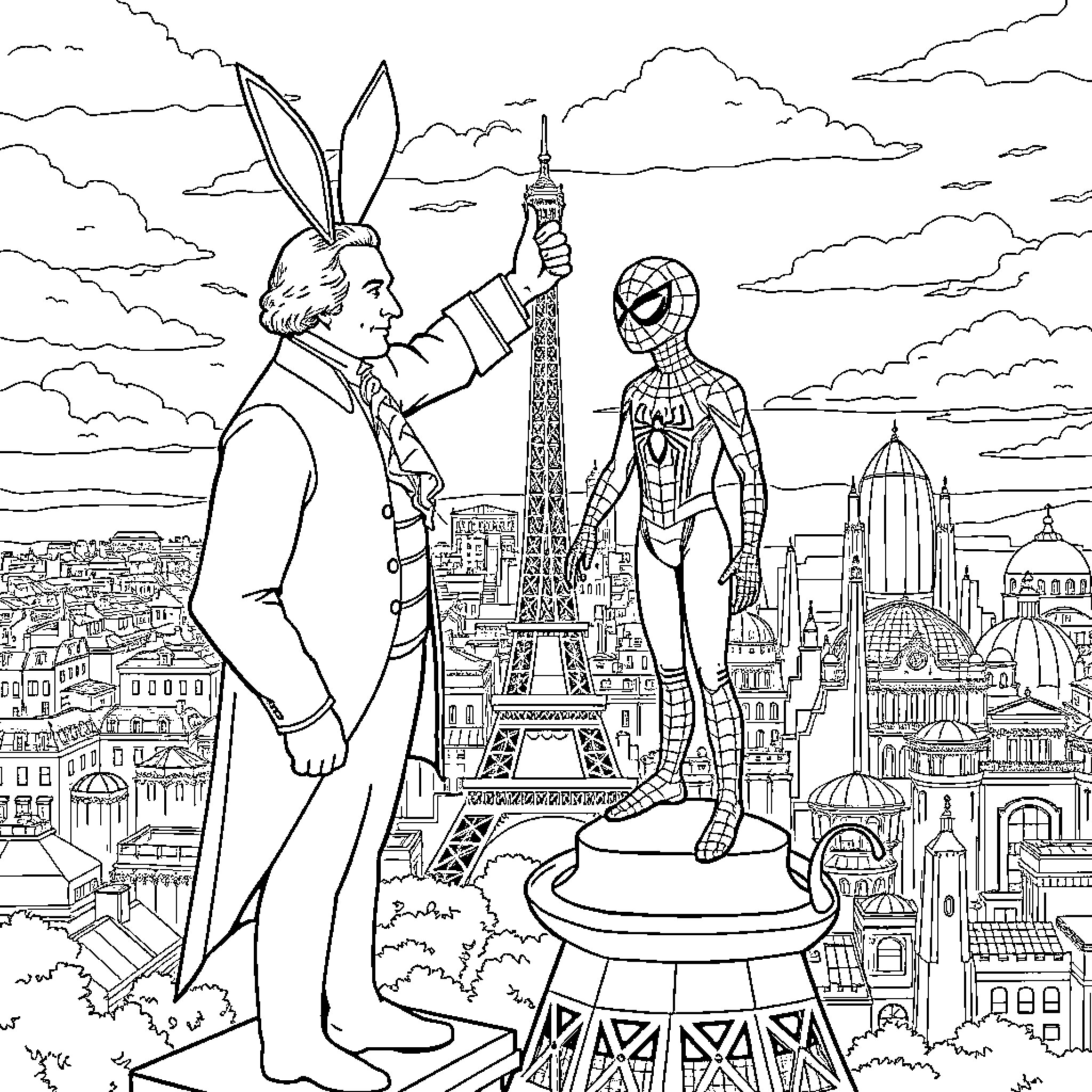 George Washington and Spider-Man overlooking Paris cityscape Coloring Page (free black-and-white line drawing printable PDF for all, from beginners to advanced learners, including children, teens, adults, and seniors)