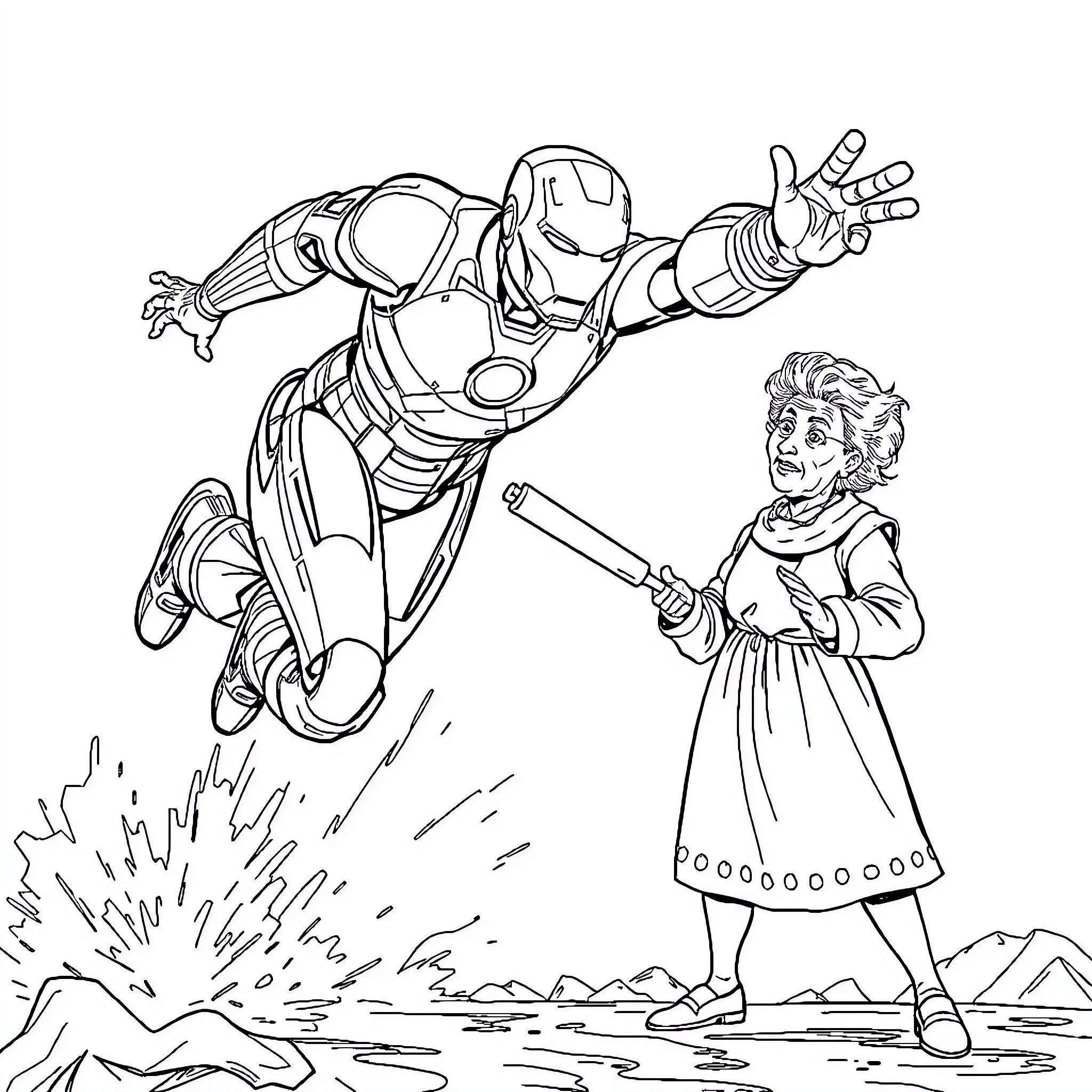 Ironman assisting a young girl in a fantastical setting Coloring Page (free black-and-white line drawing printable PDF for all, from beginners to advanced learners, including children, teens, adults, and seniors)