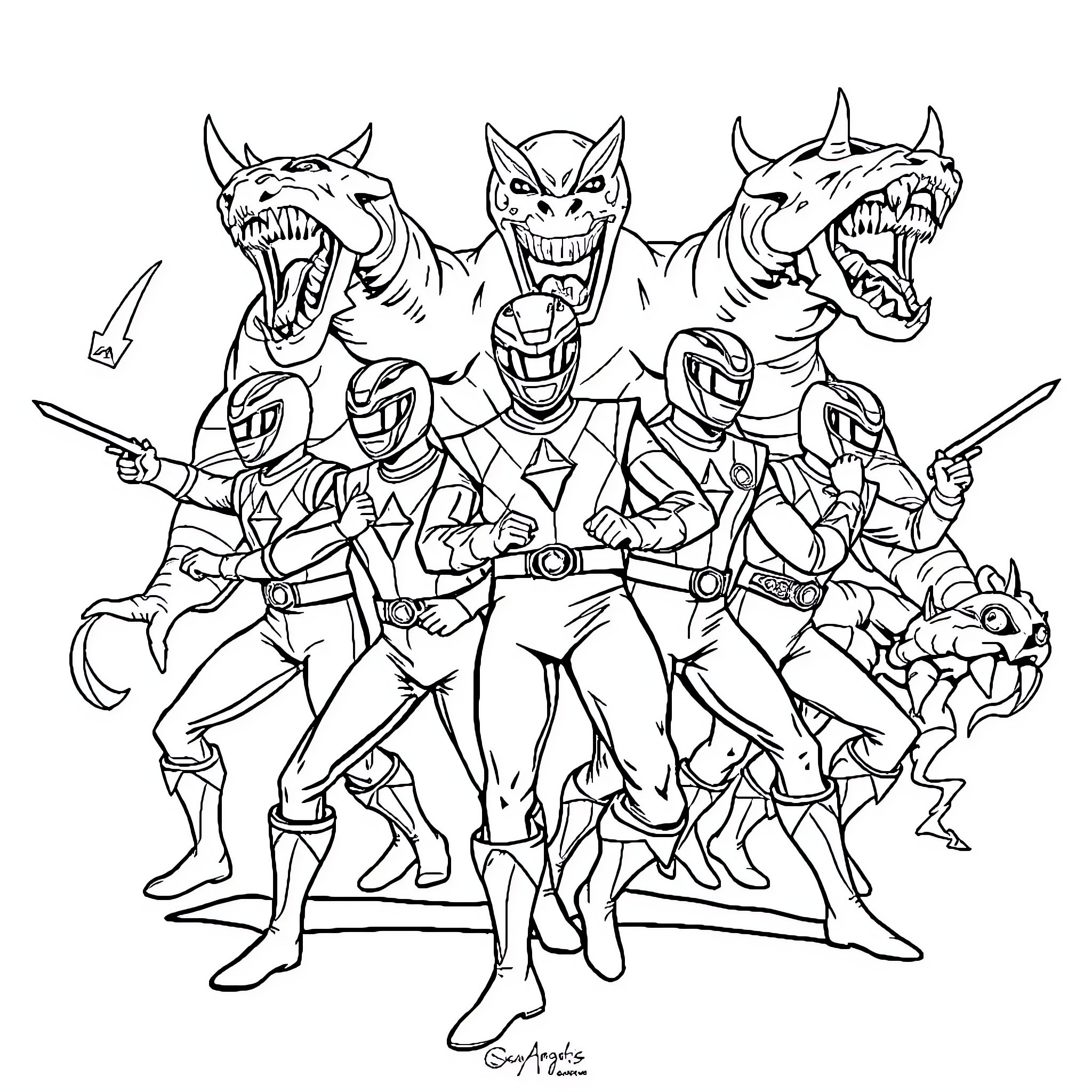 Power Rangers Battling Fierce Monsters Coloring Page (free black-and-white line drawing printable PDF for all, from beginners to advanced learners, including children, teens, adults, and seniors)