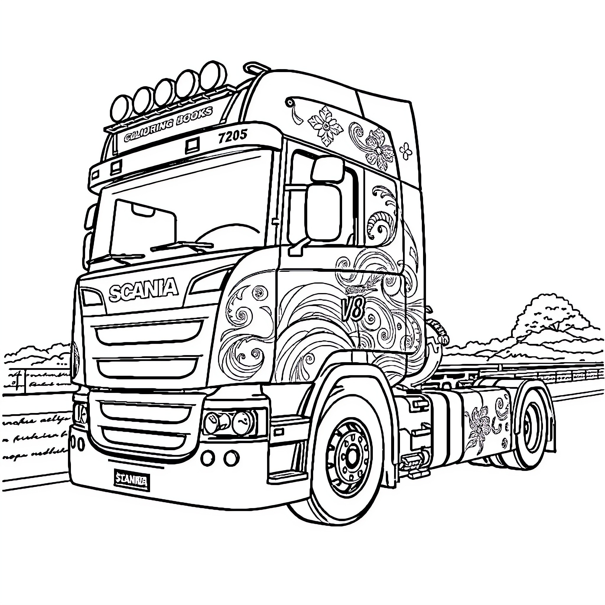 Scania truck with intricate artistic design Coloring Page (free black-and-white line drawing printable PDF for all, from beginners to advanced learners, including children, teens, adults, and seniors)
