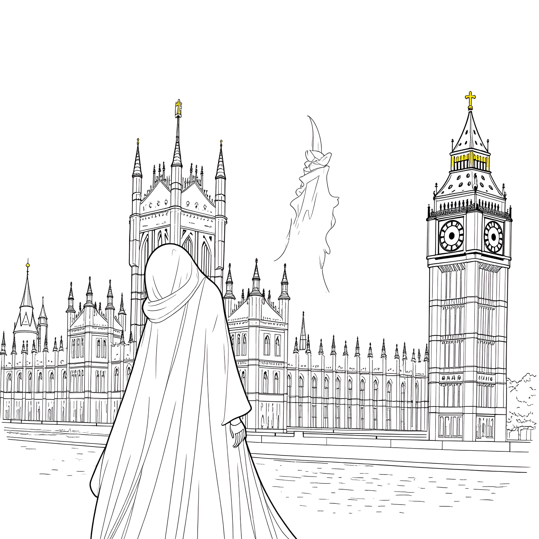Wicked encounter at the Palace of Westminster Coloring Page (free black-and-white line drawing printable PDF for all, from beginners to advanced learners, including children, teens, adults, and seniors)