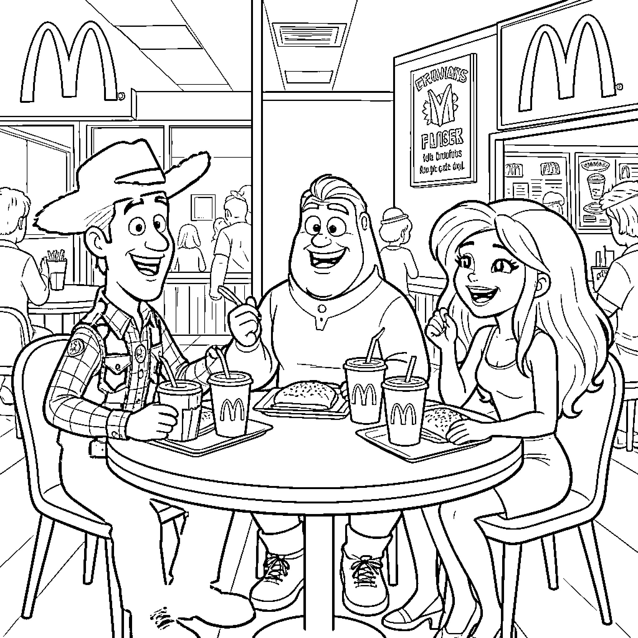 Woody and friends eating meals at a restaurant Coloring Page (free black-and-white line drawing printable PDF for all, from beginners to advanced learners, including children, teens, adults, and seniors)