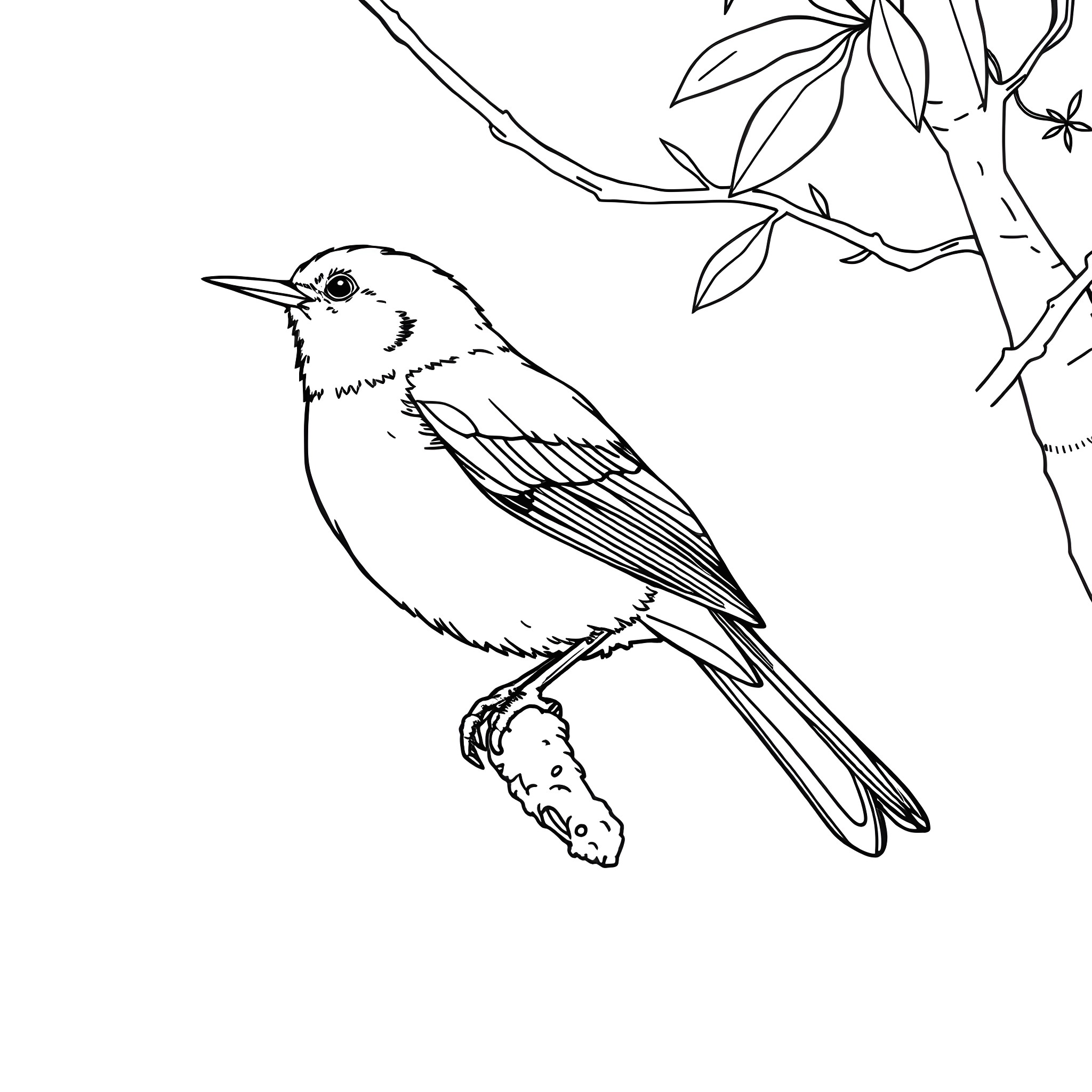 Emberiza Citrinella perched on branch Coloring Page (free black-and-white line drawing printable PDF for all, from beginners to advanced learners, including children, teens, adults, and seniors)