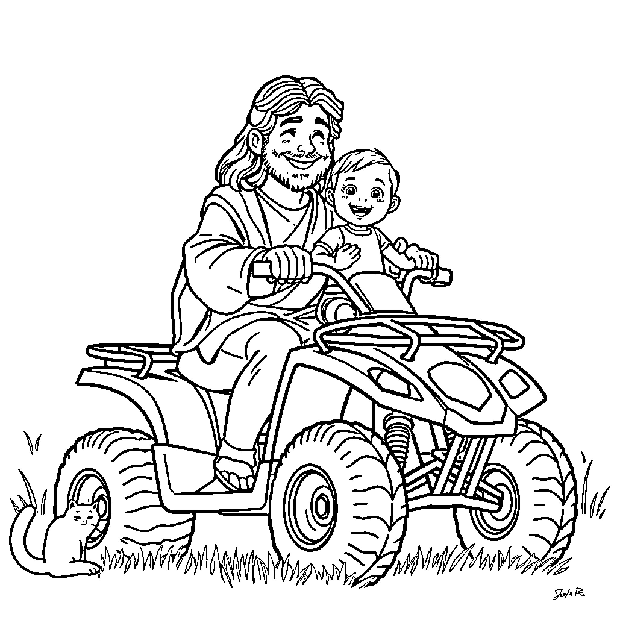 Jesus and a child riding a four-wheeler in nature Coloring Page (free black-and-white line drawing printable PDF for all, from beginners to advanced learners, including children, teens, adults, and seniors)