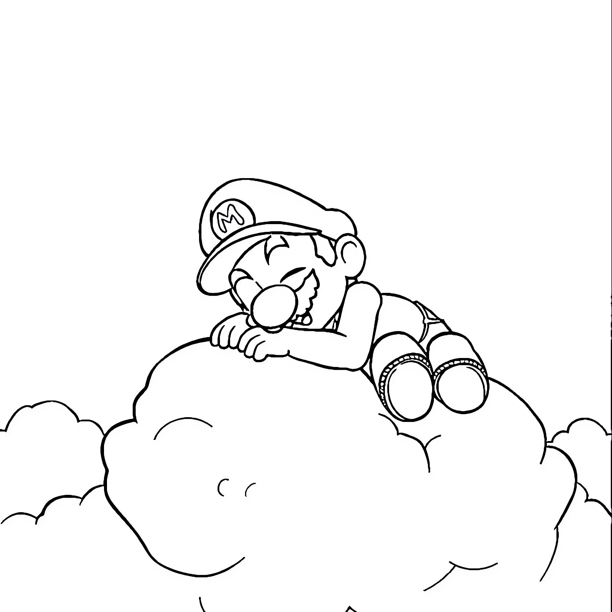 Mario resting on a cloud Coloring Page (free black-and-white line drawing printable PDF for all, from beginners to advanced learners, including children, teens, adults, and seniors)