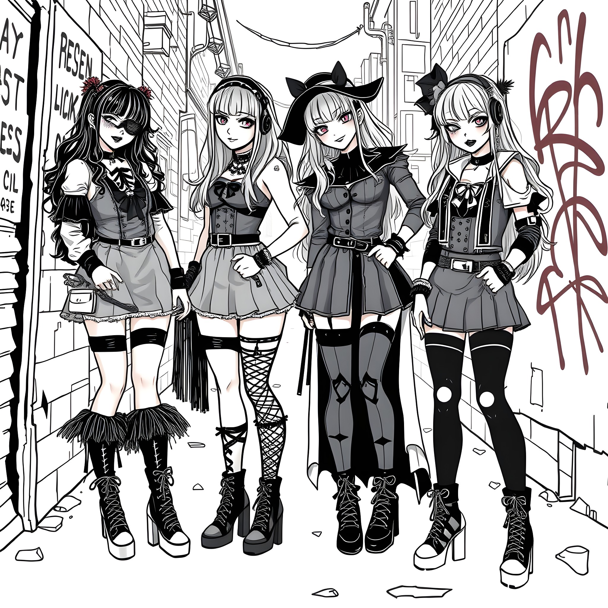 Goth Girls Exploring the City Streets Coloring Page (free black-and-white line drawing printable PDF for all, from beginners to advanced learners, including children, teens, adults, and seniors)