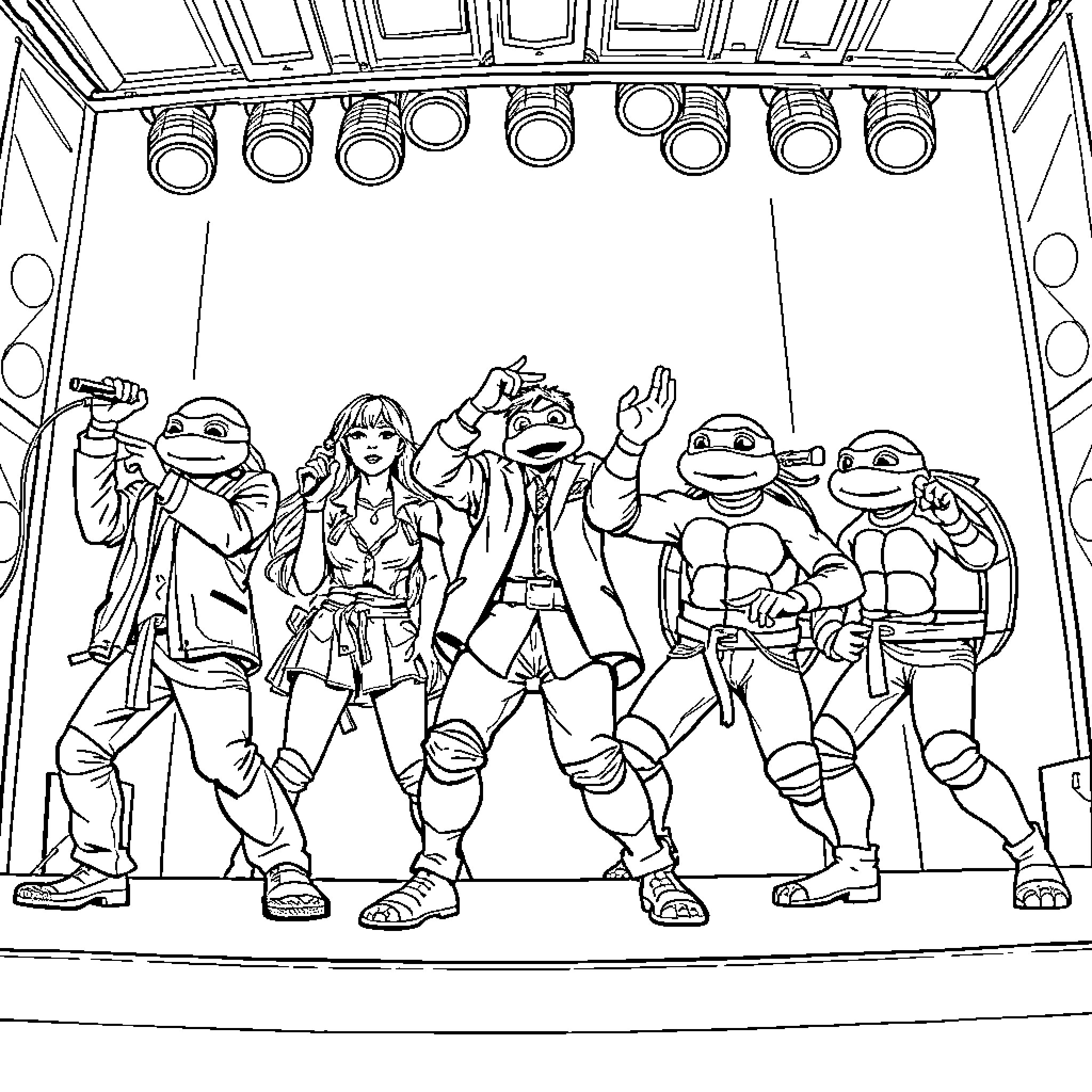 K Pop Group Performing on Stage with Animated Characters Coloring Page (free black-and-white line drawing printable PDF for all, from beginners to advanced learners, including children, teens, adults, and seniors)