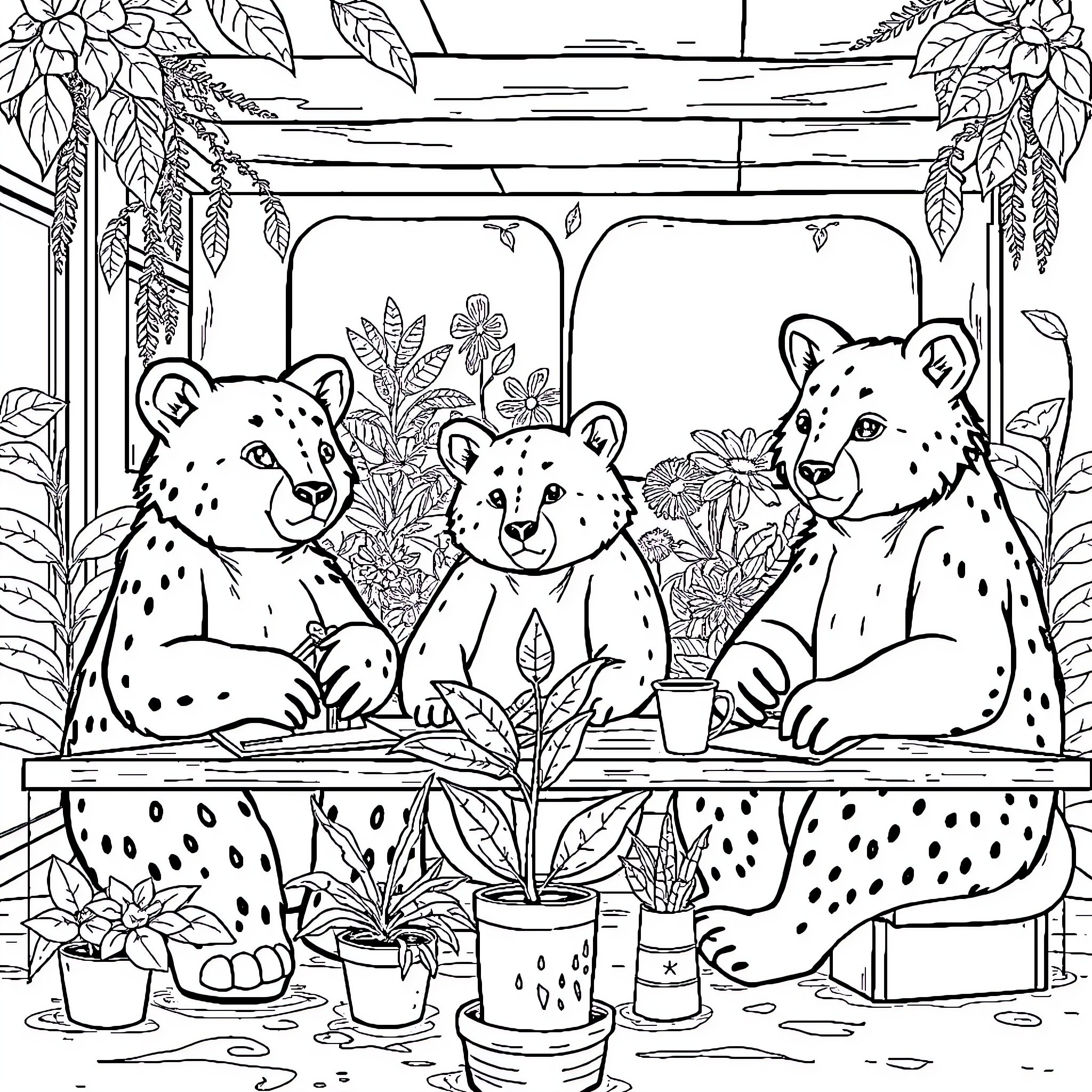 Urso Cheetahs in Flower Garden Coloring Page (free black-and-white line drawing printable PDF for all, from beginners to advanced learners, including children, teens, adults, and seniors)