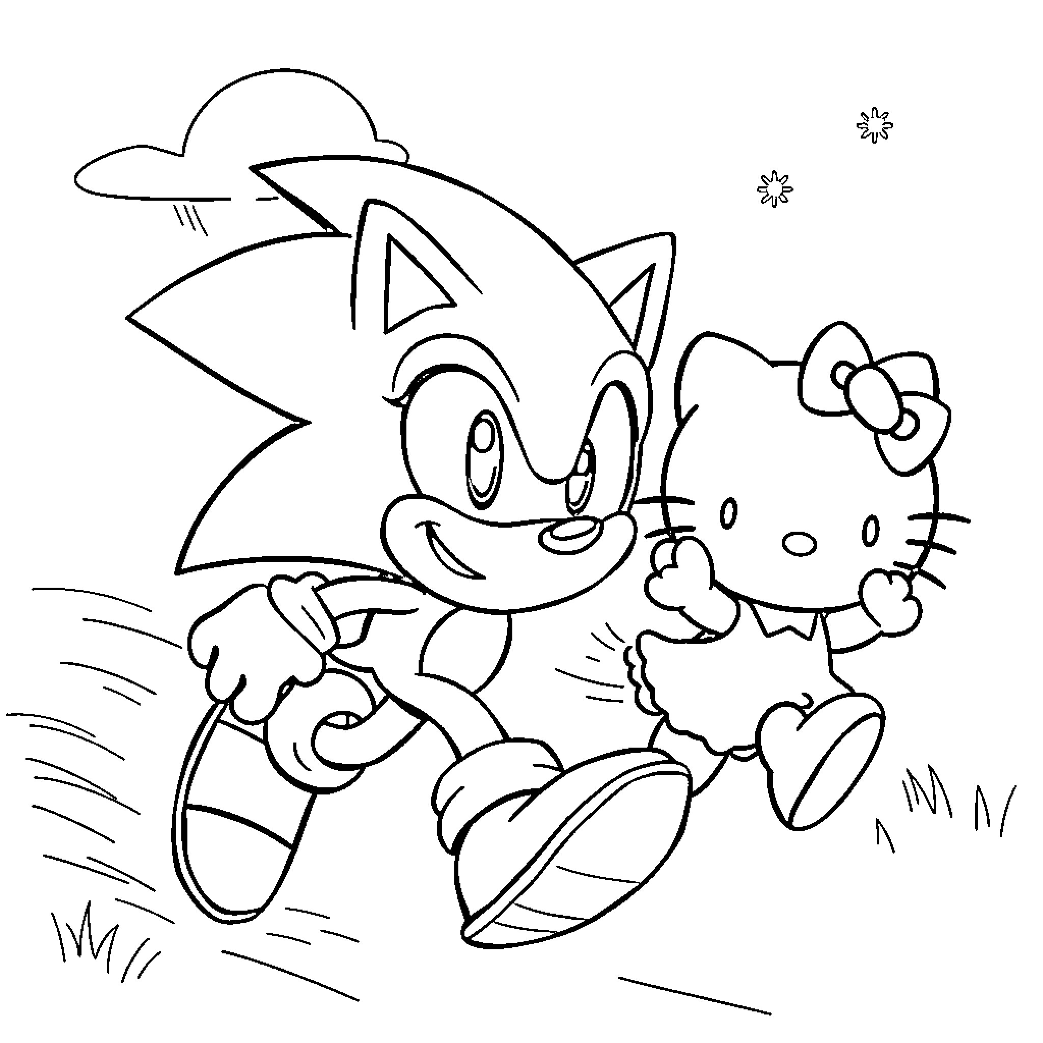 Sonic and Hello Kitty playing together Coloring Page (free black-and-white line drawing printable PDF for all, from beginners to advanced learners, including children, teens, adults, and seniors)