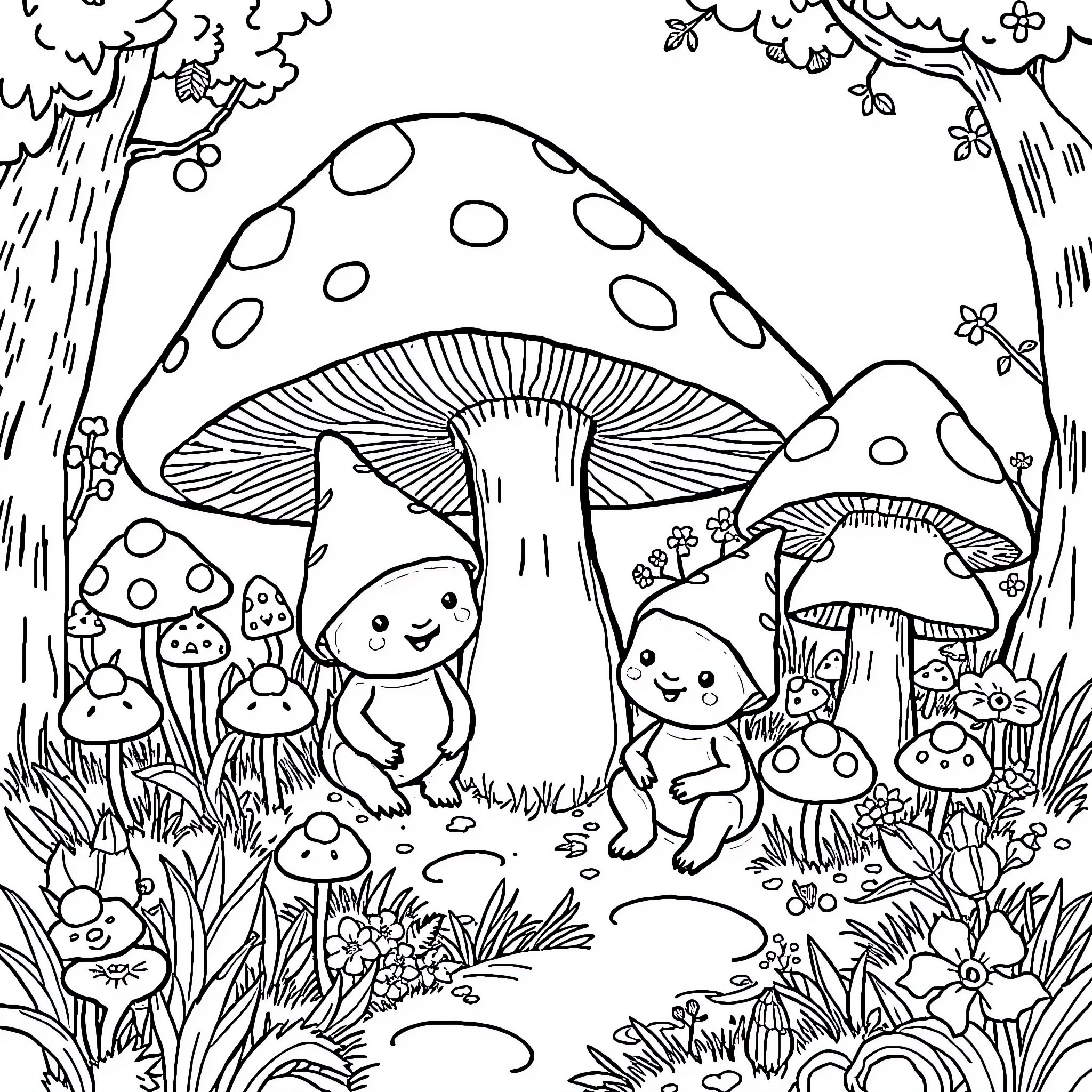 Smurf Creatures Exploring Magical Mushroom Forest Coloring Page (free black-and-white line drawing printable PDF for all, from beginners to advanced learners, including children, teens, adults, and seniors)