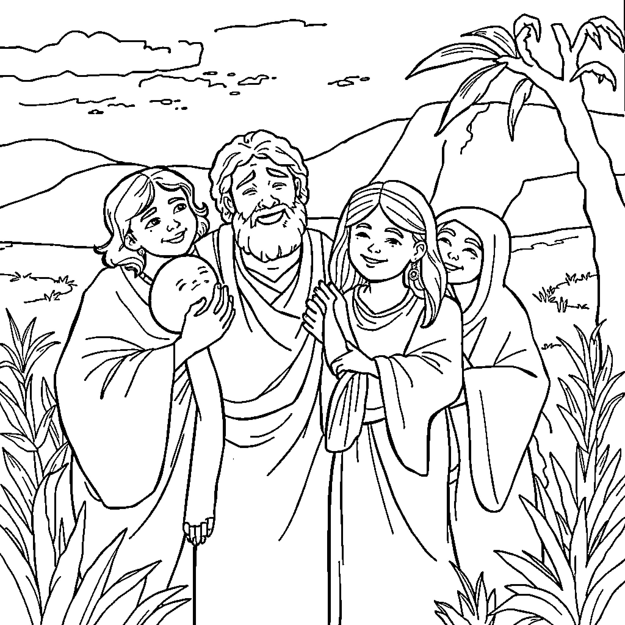 Joseph with his family in the countryside Coloring Page (free black-and-white line drawing printable PDF for all, from beginners to advanced learners, including children, teens, adults, and seniors)