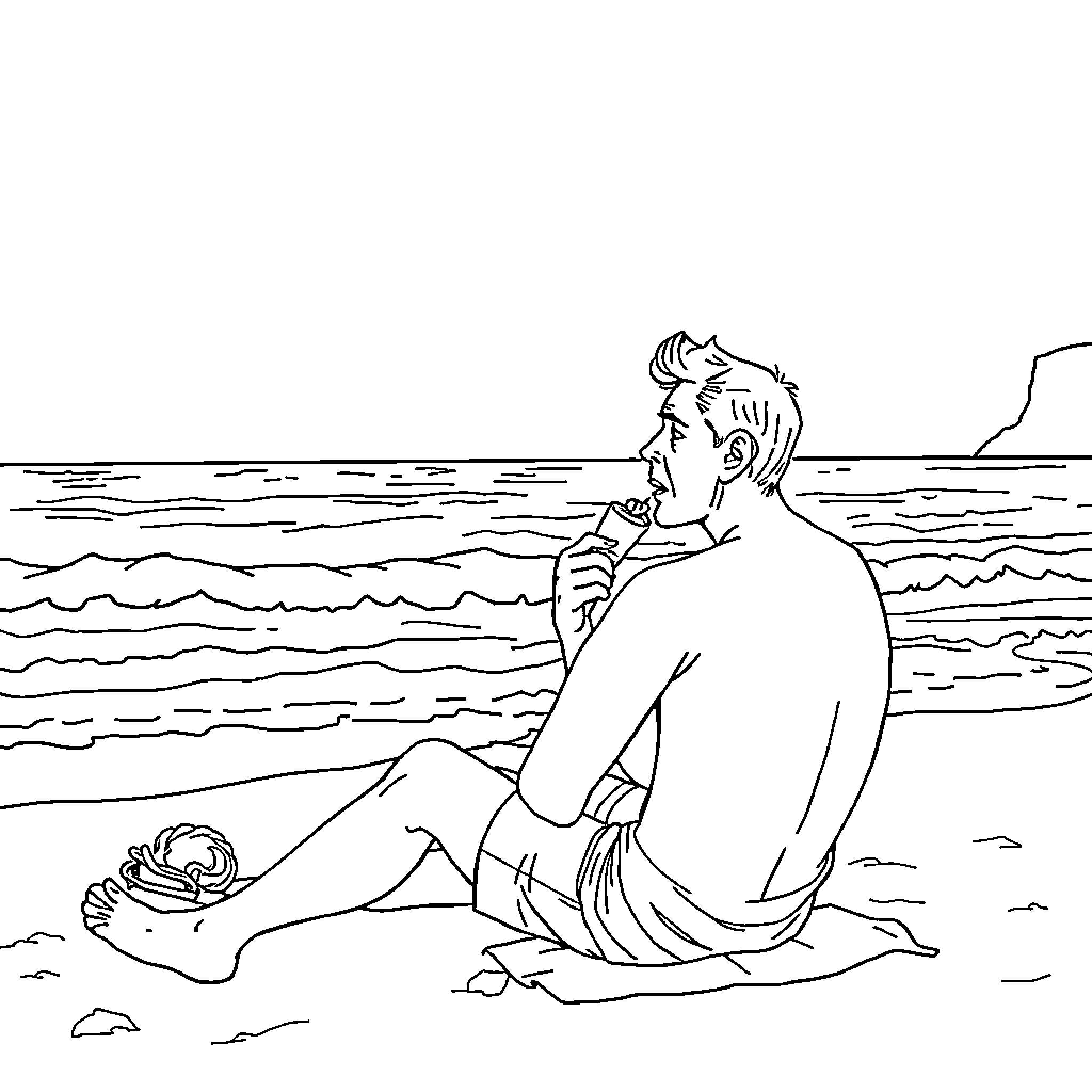Mann relaxing by the serene ocean Coloring Page (free black-and-white line drawing printable PDF for all, from beginners to advanced learners, including children, teens, adults, and seniors)