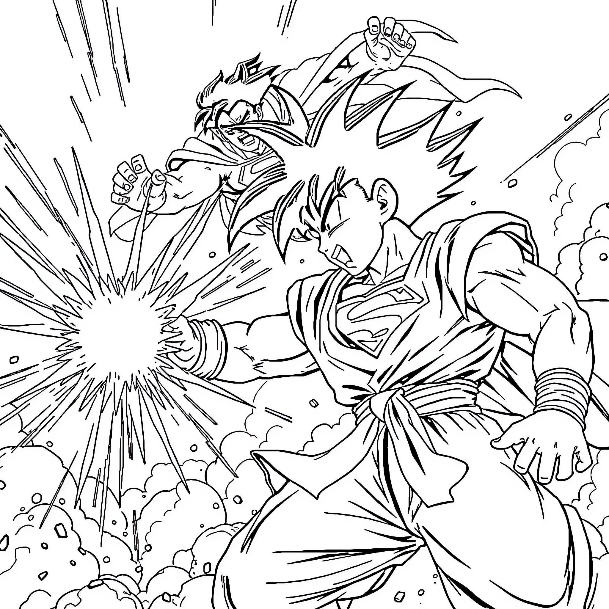 Goku Unleashing Powerful Energy Blast Coloring Page (free black-and-white line drawing printable PDF for all, from beginners to advanced learners, including children, teens, adults, and seniors)