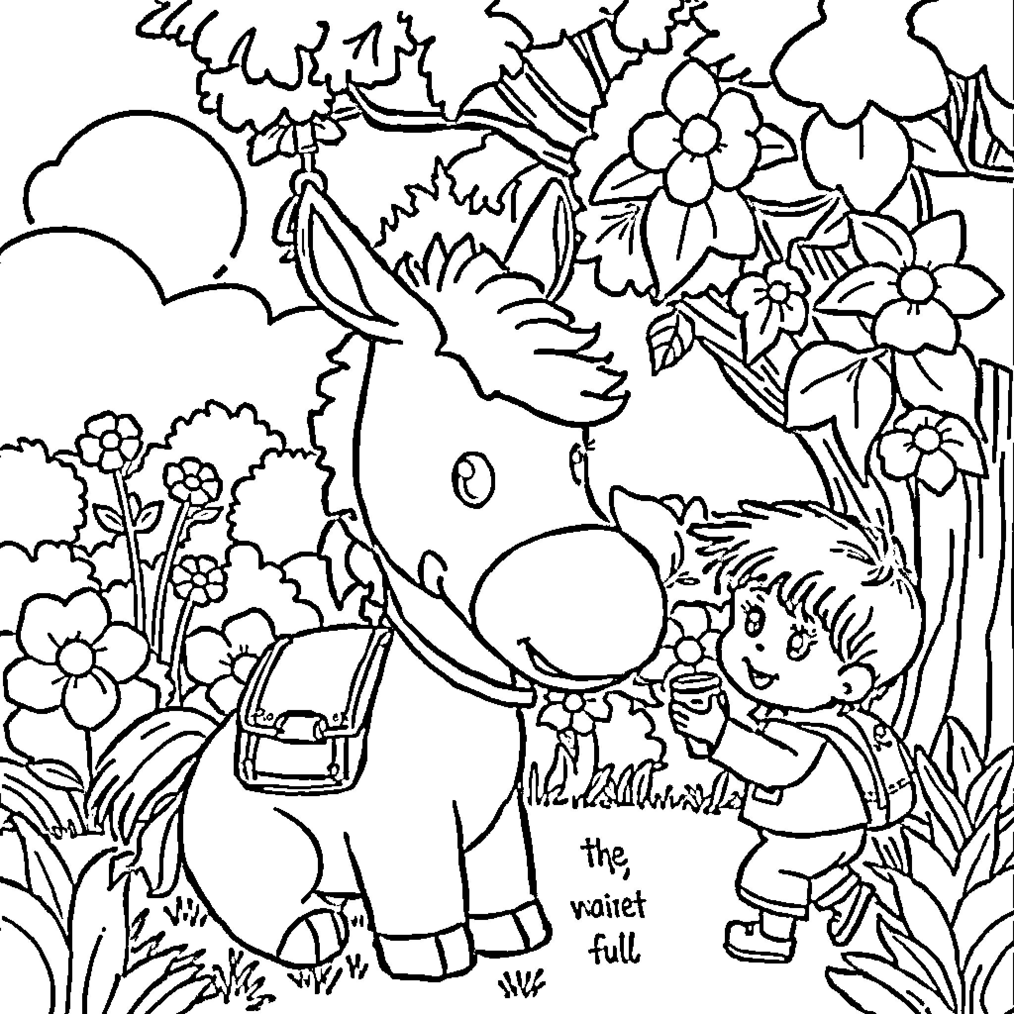 Trotro and the Flower-Filled Garden Coloring Page (free black-and-white line drawing printable PDF for all, from beginners to advanced learners, including children, teens, adults, and seniors)