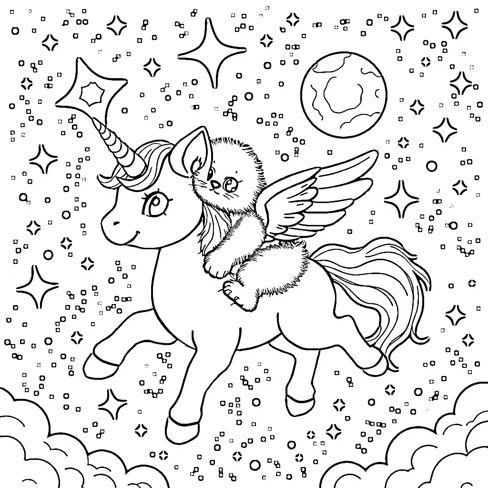 Kitty Unicorn Soaring Through Starry Night Sky Coloring Page (free black-and-white line drawing printable PDF for all, from beginners to advanced learners, including children, teens, adults, and seniors)