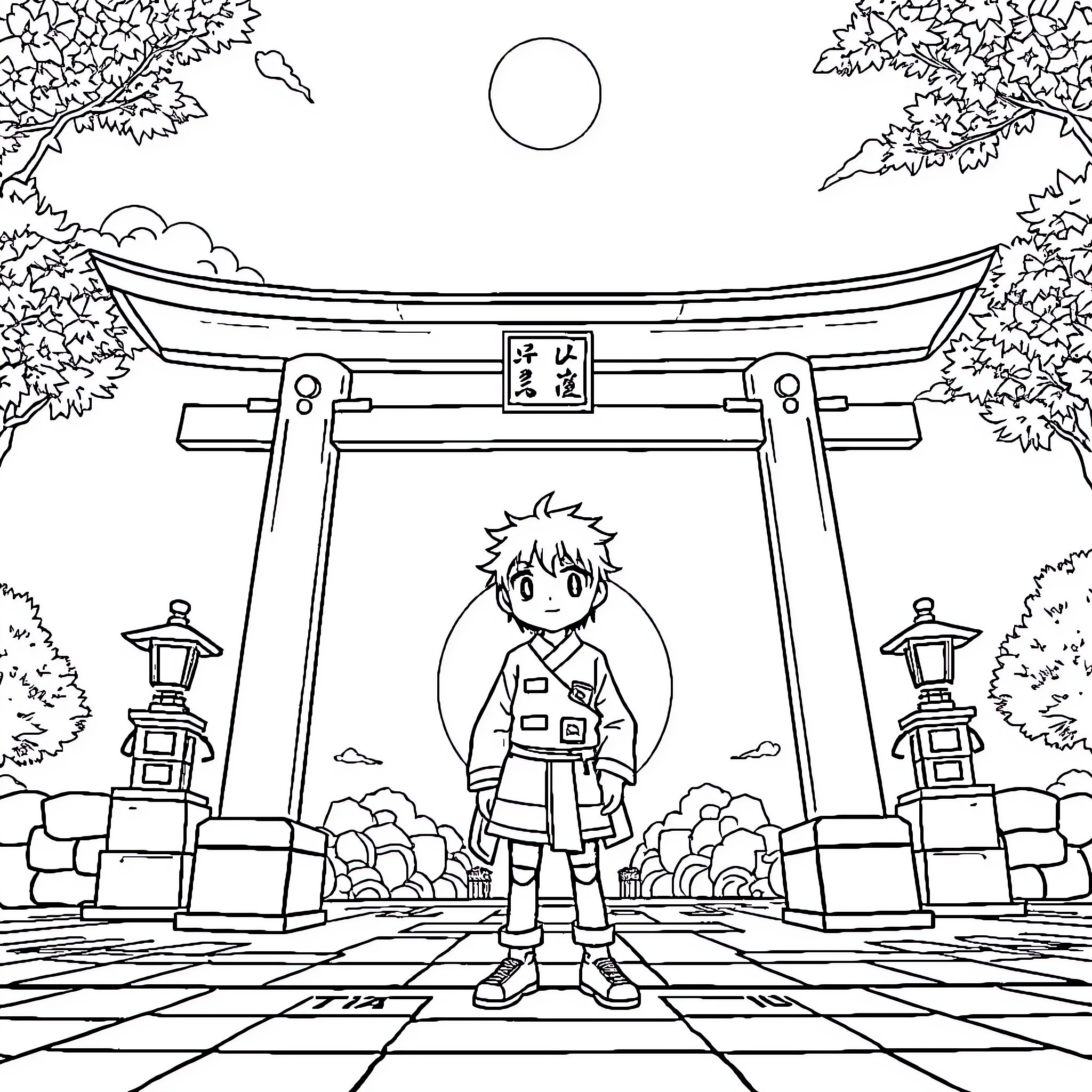 Mykey's Adventure at the Shinto Shrine Coloring Page (free black-and-white line drawing printable PDF for all, from beginners to advanced learners, including children, teens, adults, and seniors)