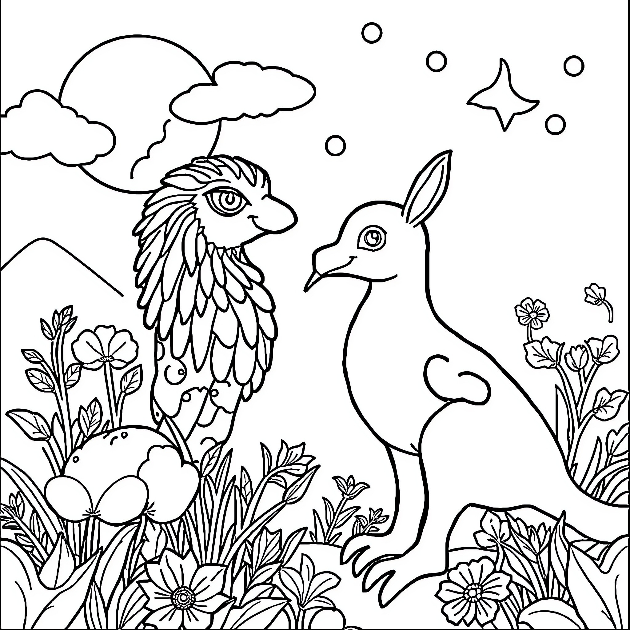 Fluentboards: Whimsical Winged Creatures in Nature Coloring Page (free black-and-white line drawing printable PDF for all, from beginners to advanced learners, including children, teens, adults, and seniors)