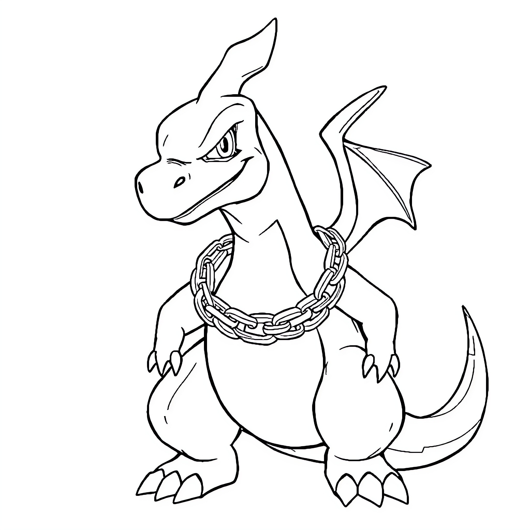Charizard chained and restrained Coloring Page (free black-and-white line drawing printable PDF for all, from beginners to advanced learners, including children, teens, adults, and seniors)