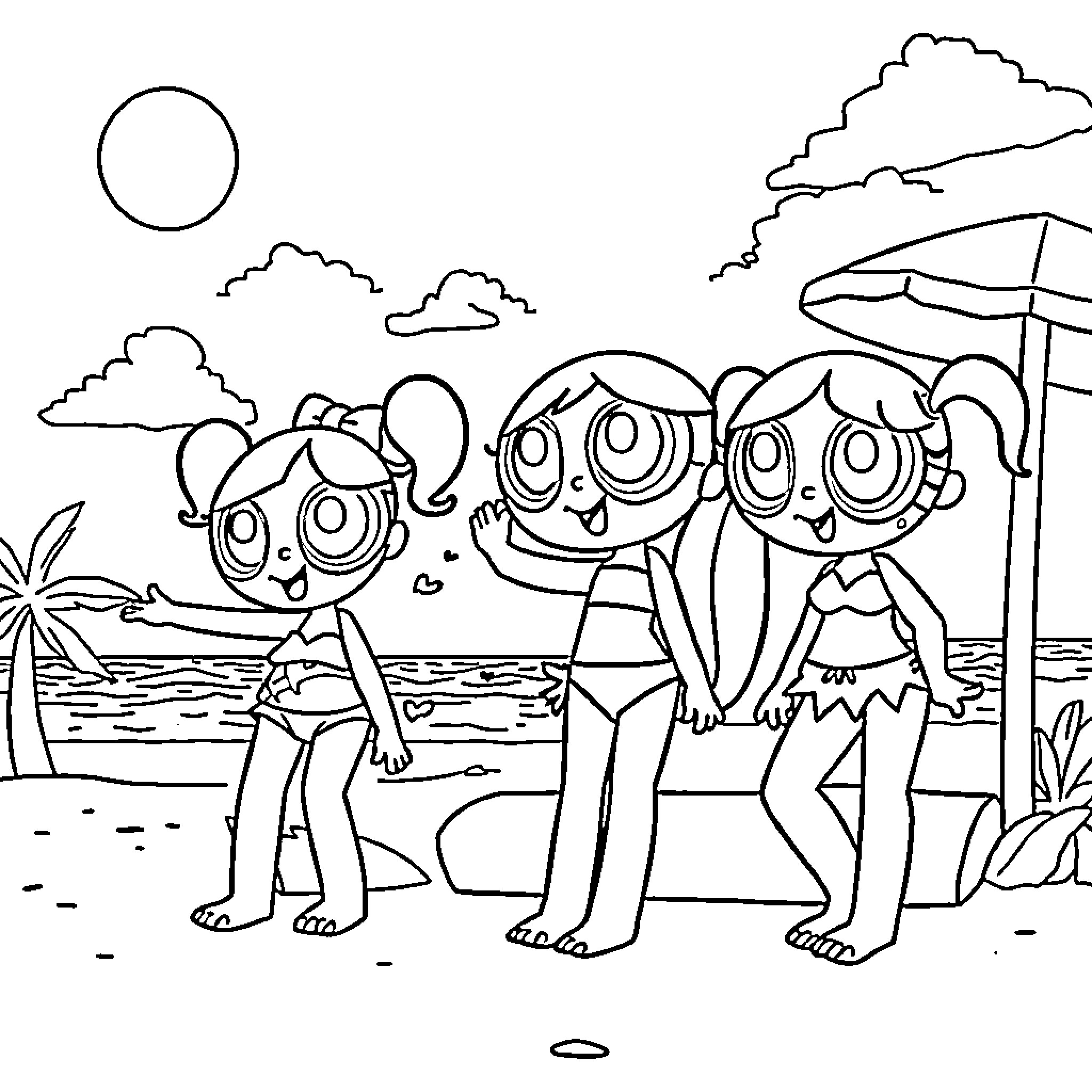 Power Puff Girls enjoying a day at the beach Coloring Page (free black-and-white line drawing printable PDF for all, from beginners to advanced learners, including children, teens, adults, and seniors)