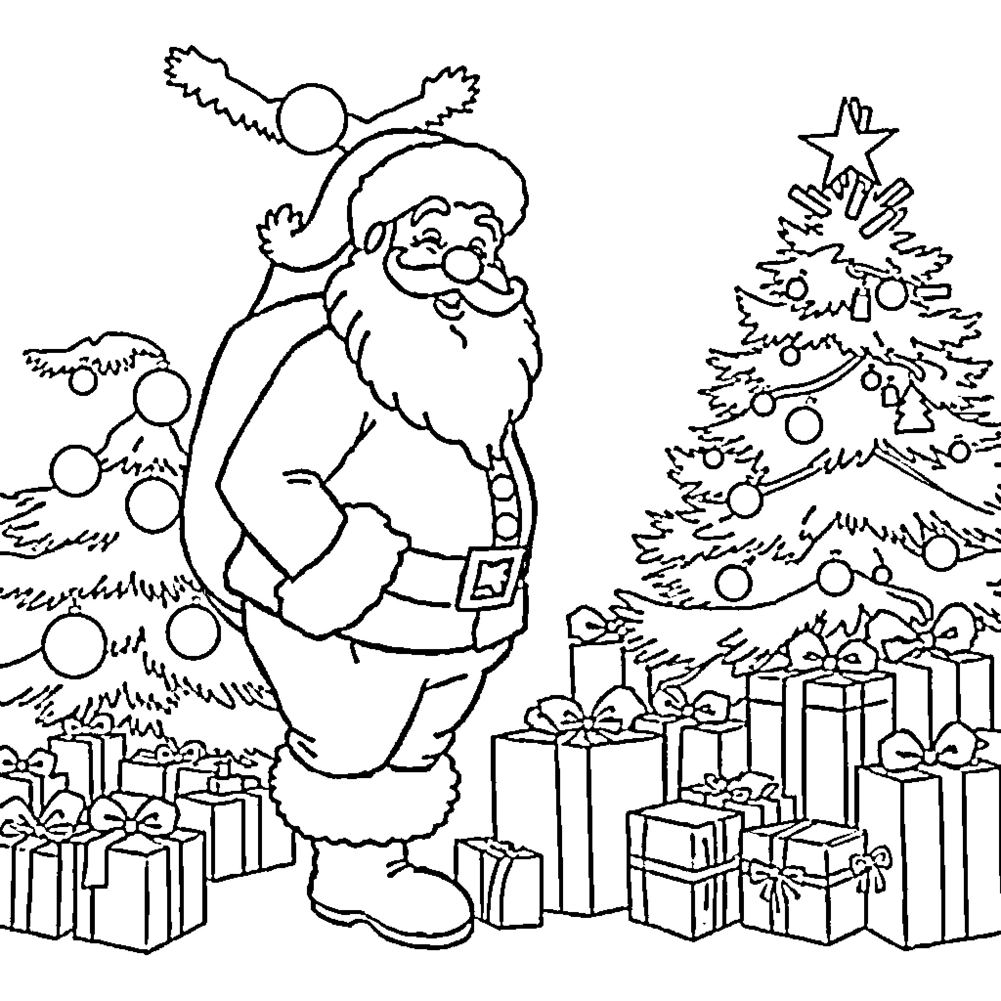 Santa in a Festive Christmas Scene Coloring Page (free black-and-white line drawing printable PDF for all, from beginners to advanced learners, including children, teens, adults, and seniors)