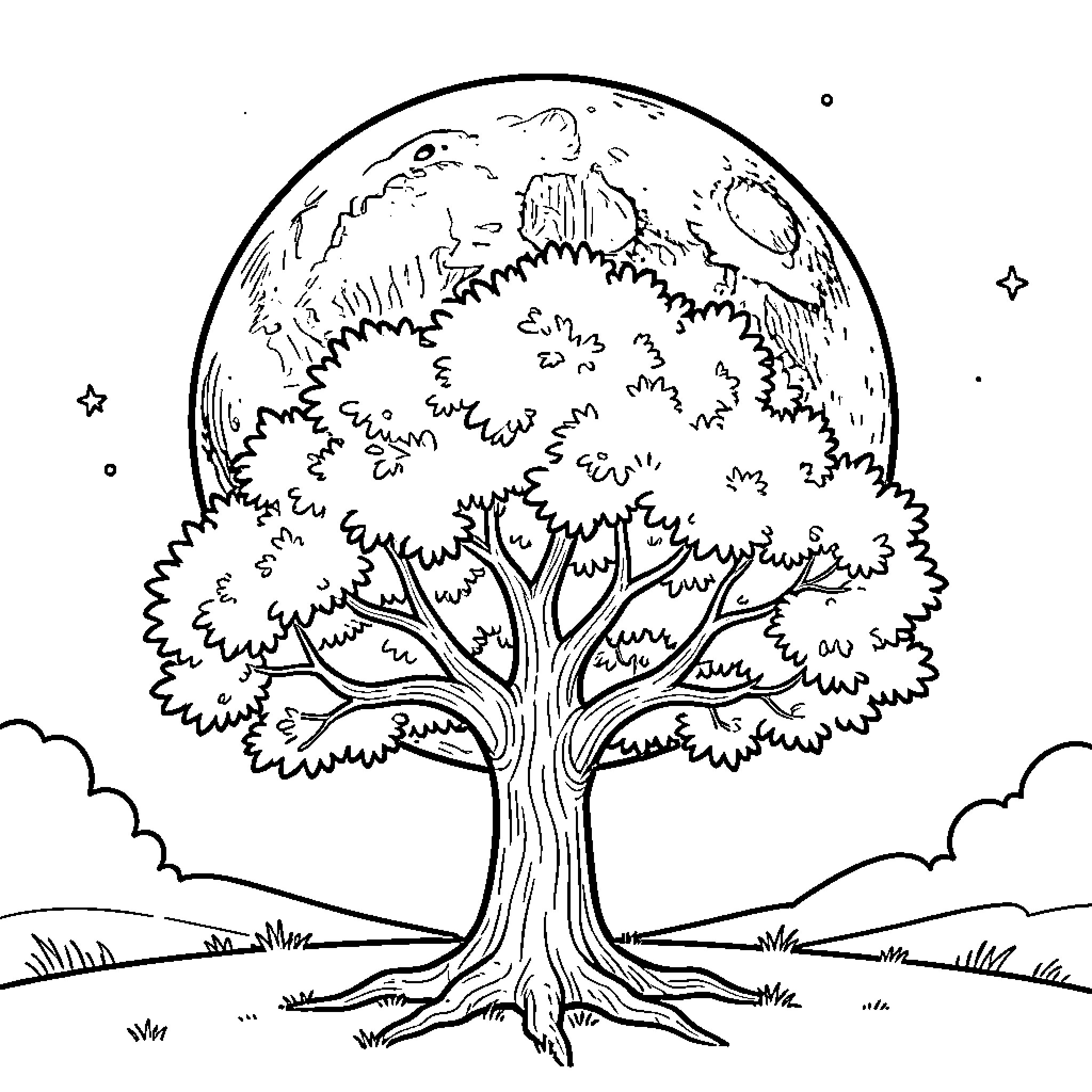 Tree standing majestically under a large full moon Coloring Page (free black-and-white line drawing printable PDF for all, from beginners to advanced learners, including children, teens, adults, and seniors)