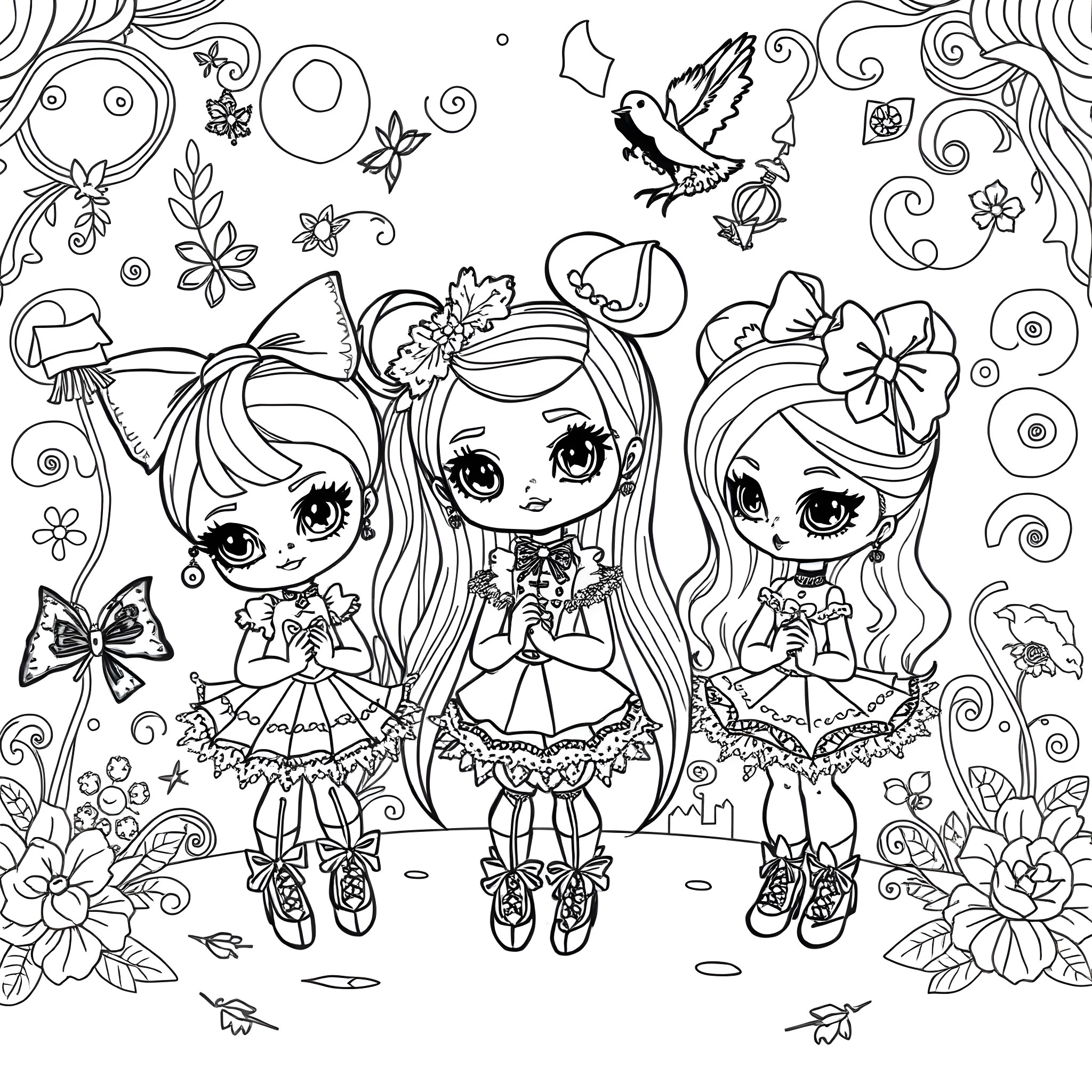 Bratz dolls in a whimsical nature scene Coloring Page (free black-and-white line drawing printable PDF for all, from beginners to advanced learners, including children, teens, adults, and seniors)