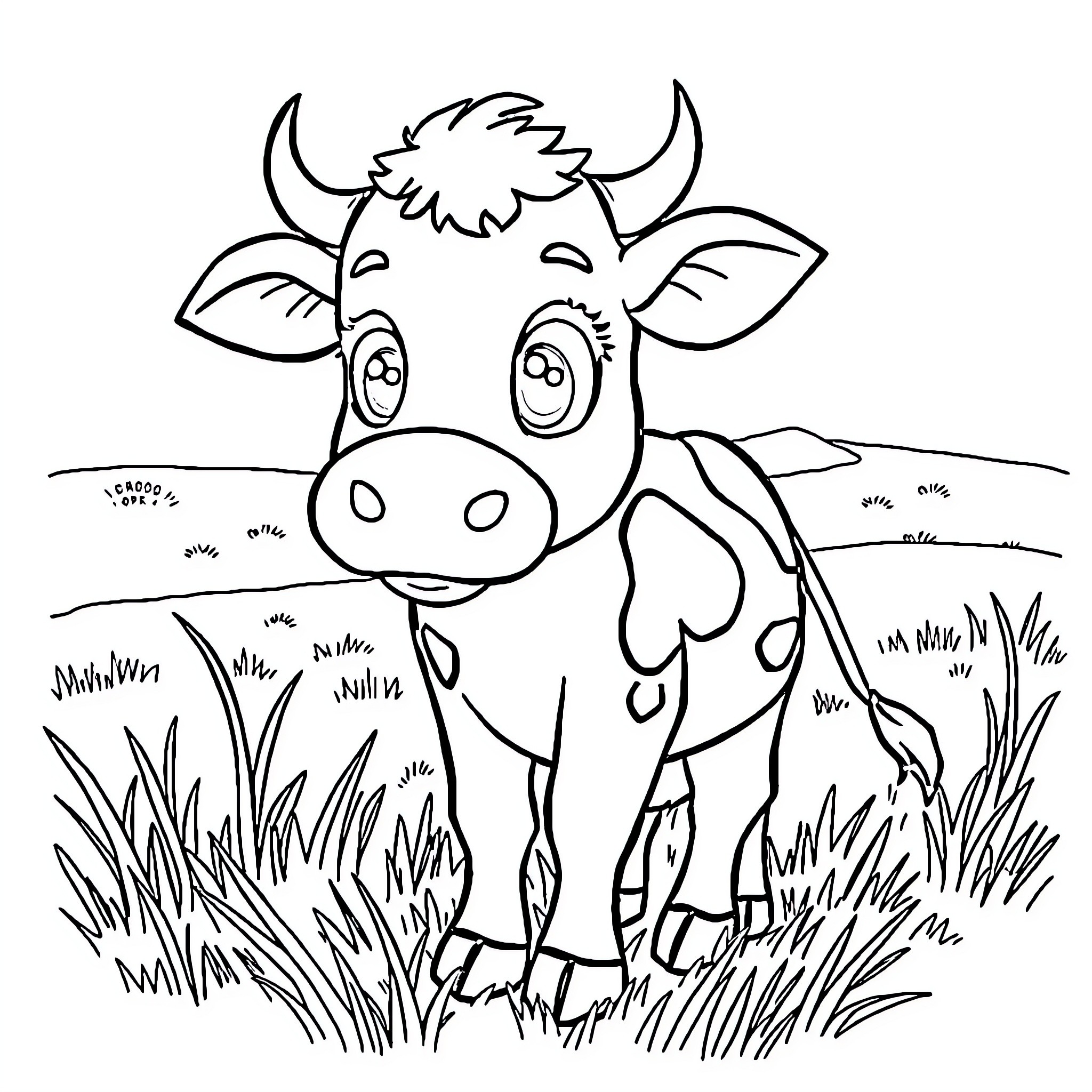 Cow standing in a grassy field Coloring Page (free black-and-white line drawing printable PDF for all, from beginners to advanced learners, including children, teens, adults, and seniors)