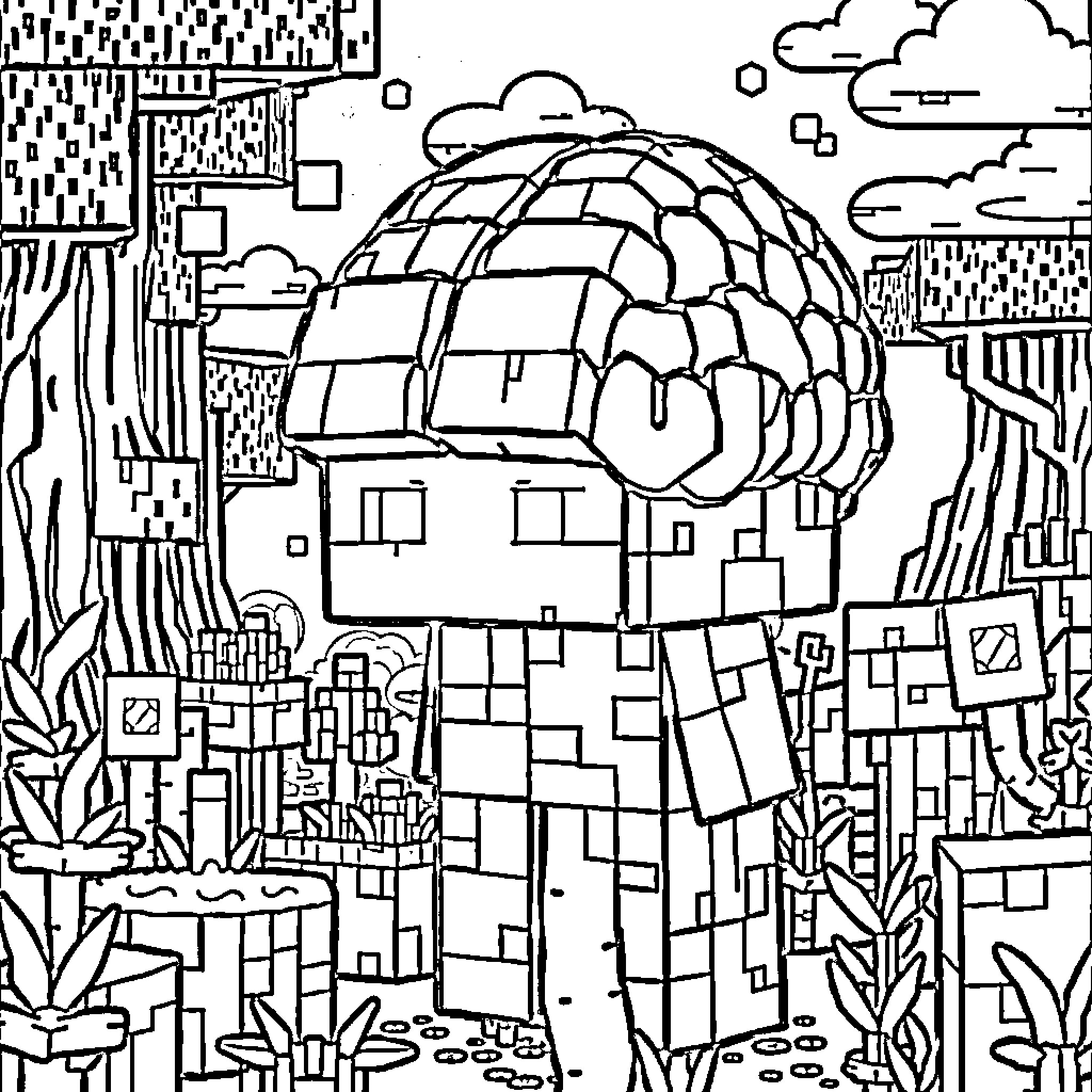 Brainrots' Surreal Architectural Landscape Coloring Page (free black-and-white line drawing printable PDF for all, from beginners to advanced learners, including children, teens, adults, and seniors)