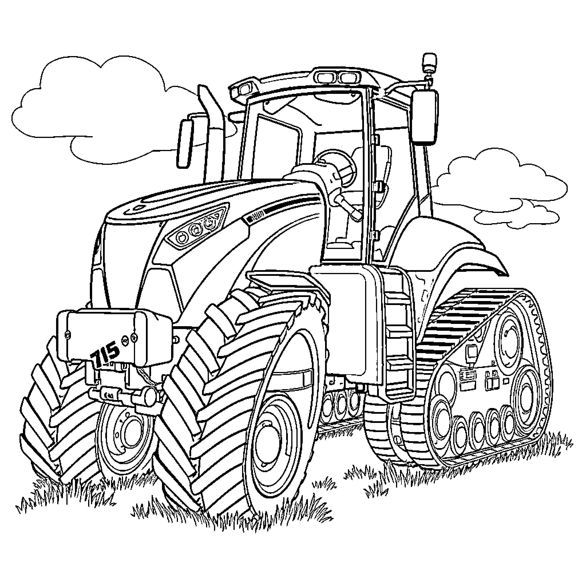 Quadtrac tractor in action on the field Coloring Page (free black-and-white line drawing printable PDF for all, from beginners to advanced learners, including children, teens, adults, and seniors)