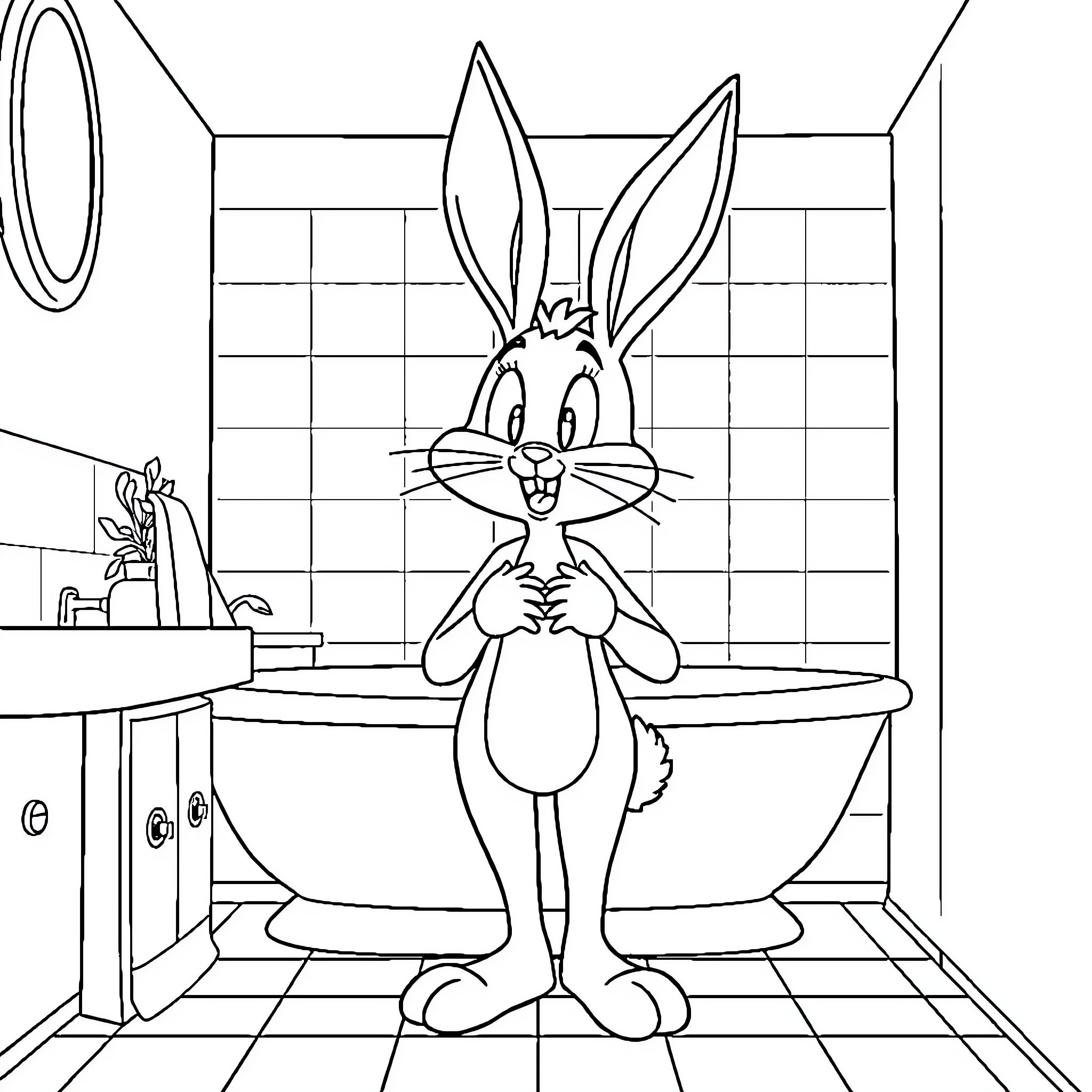 Lola Bunny enjoying a relaxing bath in the bathroom Coloring Page (free black-and-white line drawing printable PDF for all, from beginners to advanced learners, including children, teens, adults, and seniors)