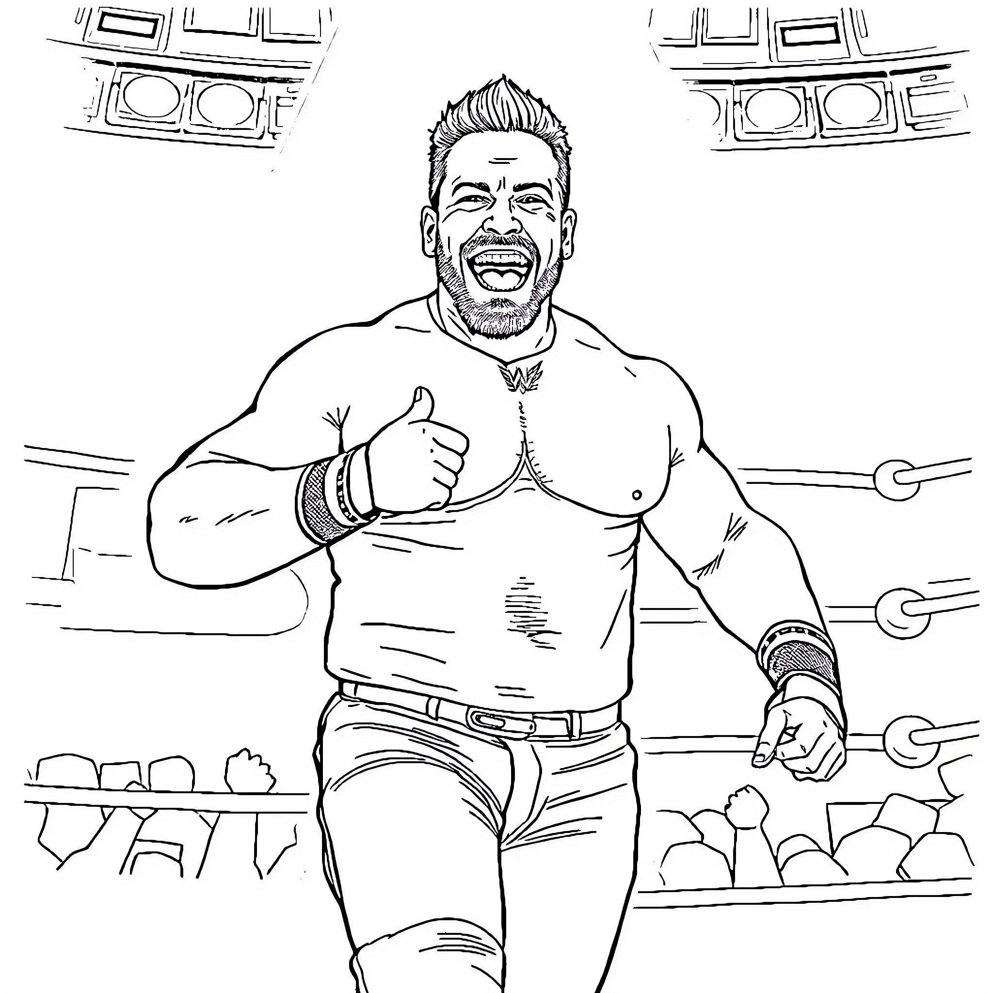 Chris Jericho celebrating victory in wrestling match Coloring Page (free black-and-white line drawing printable PDF for all, from beginners to advanced learners, including children, teens, adults, and seniors)
