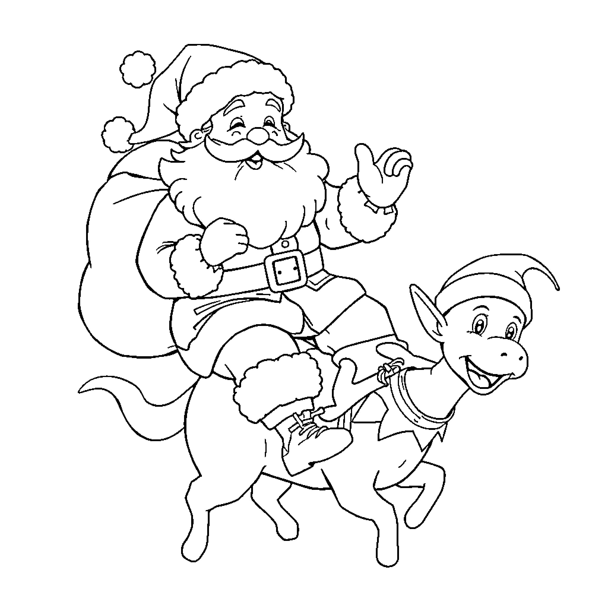 Santa riding a donkey with a helper elf Coloring Page (free black-and-white line drawing printable PDF for all, from beginners to advanced learners, including children, teens, adults, and seniors)