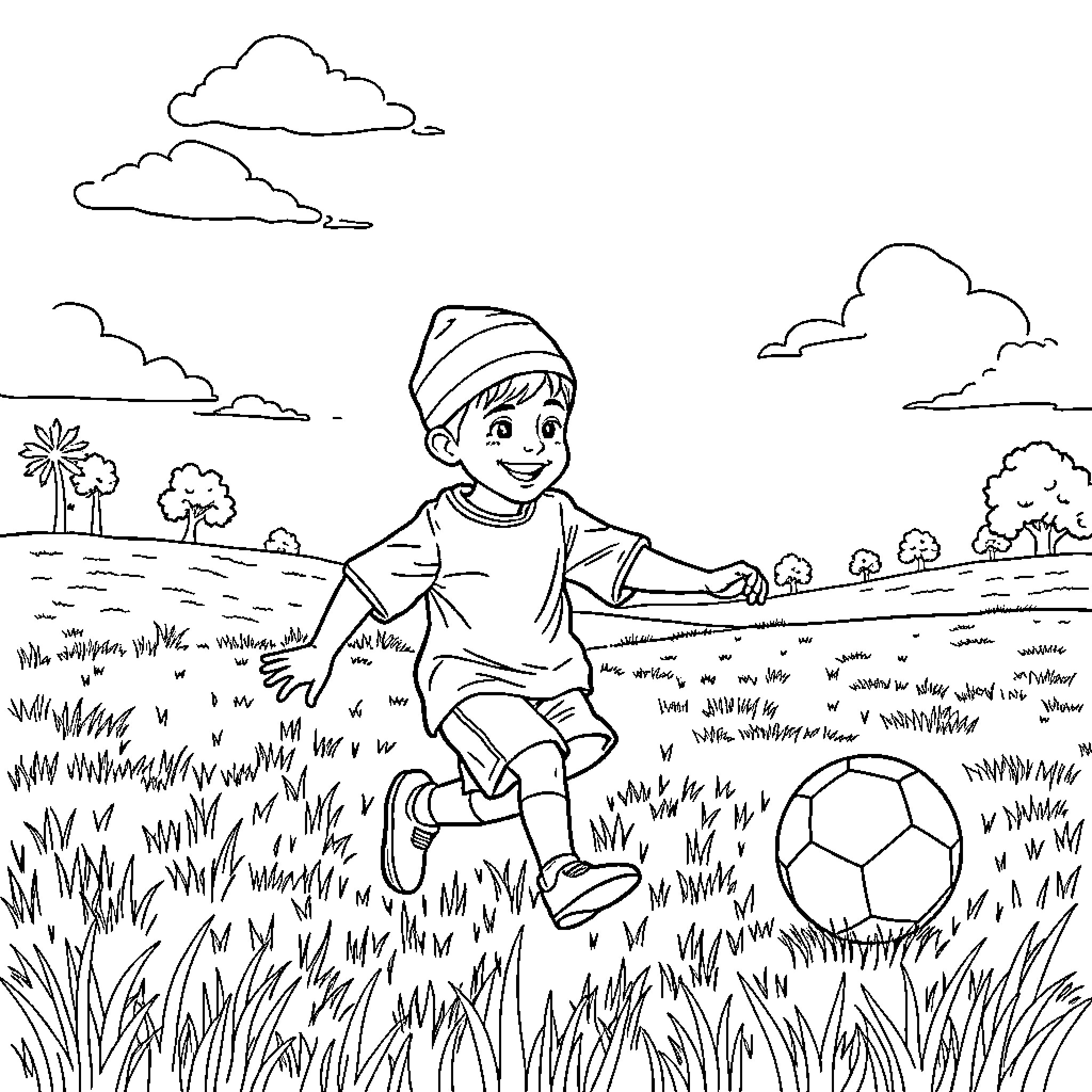 Boy playing with soccer ball in the meadow Coloring Page (free black-and-white line drawing printable PDF for all, from beginners to advanced learners, including children, teens, adults, and seniors)