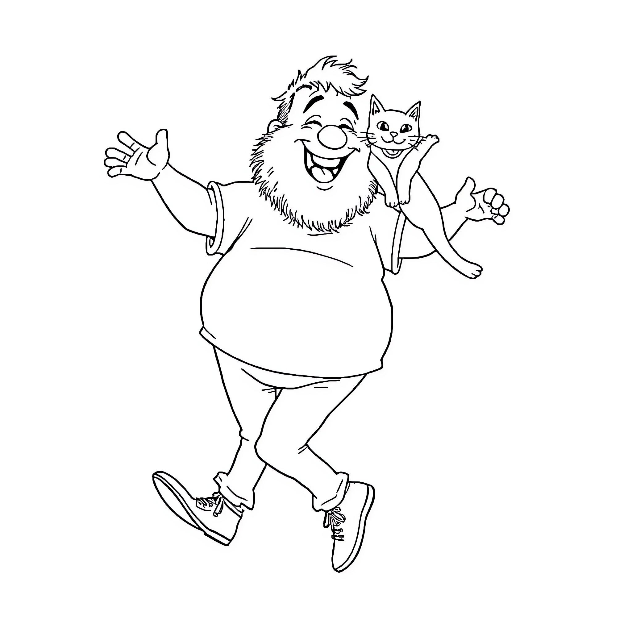 Man happily playing with pet cat Coloring Page (free black-and-white line drawing printable PDF for all, from beginners to advanced learners, including children, teens, adults, and seniors)