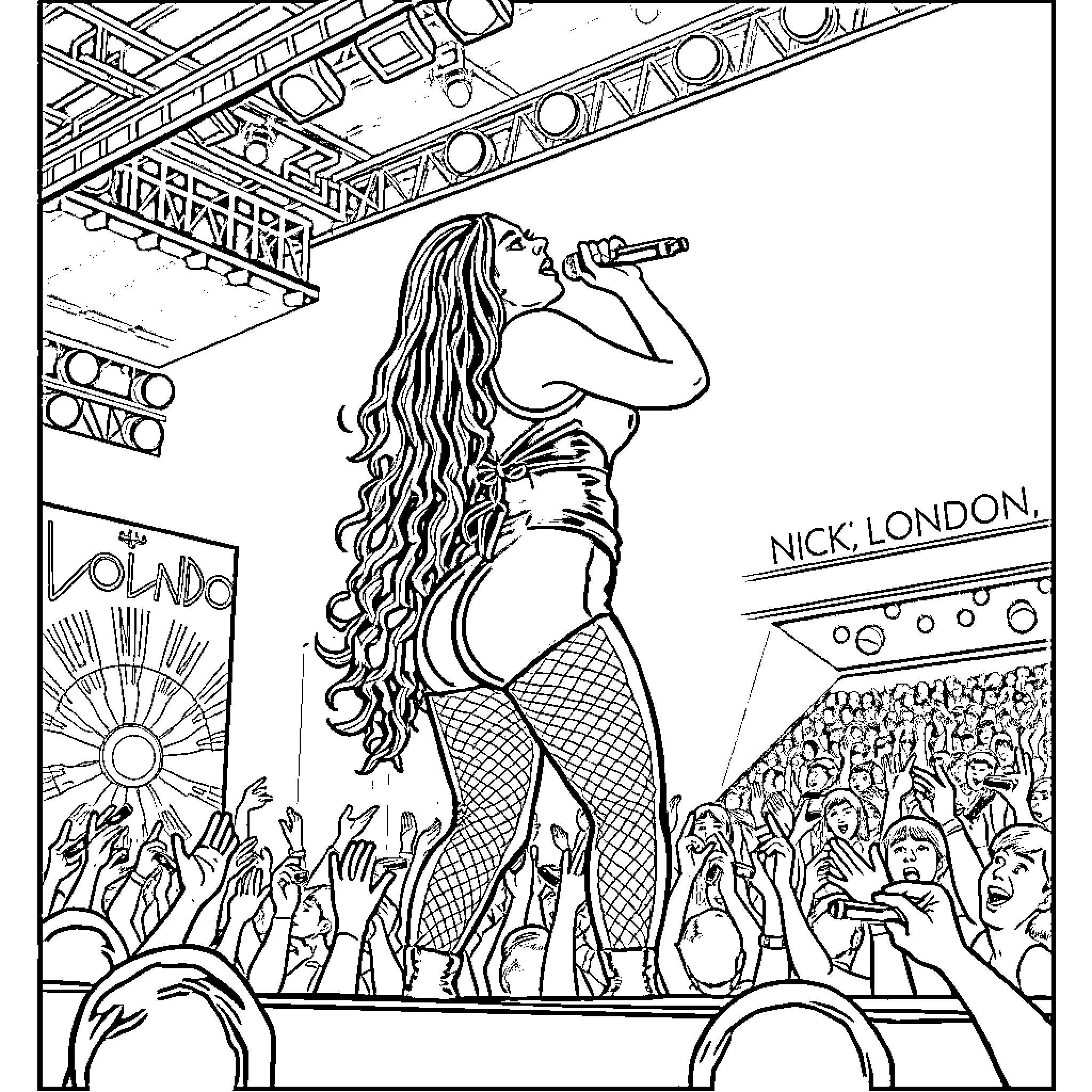 Nicki Minaj performing energetically on stage with fans Coloring Page (free black-and-white line drawing printable PDF for all, from beginners to advanced learners, including children, teens, adults, and seniors)