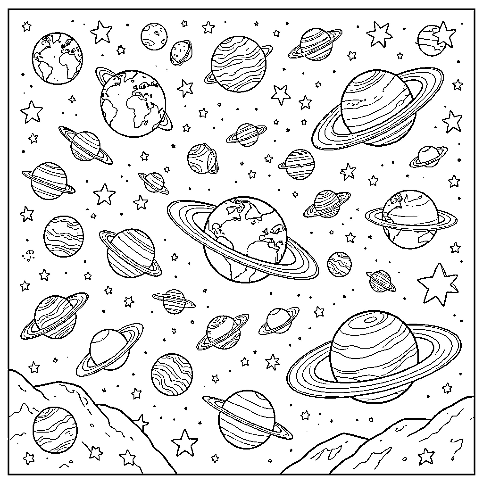 Space scene featuring various planets and stars floating Coloring Page (free black-and-white line drawing printable PDF for all, from beginners to advanced learners, including children, teens, adults, and seniors)