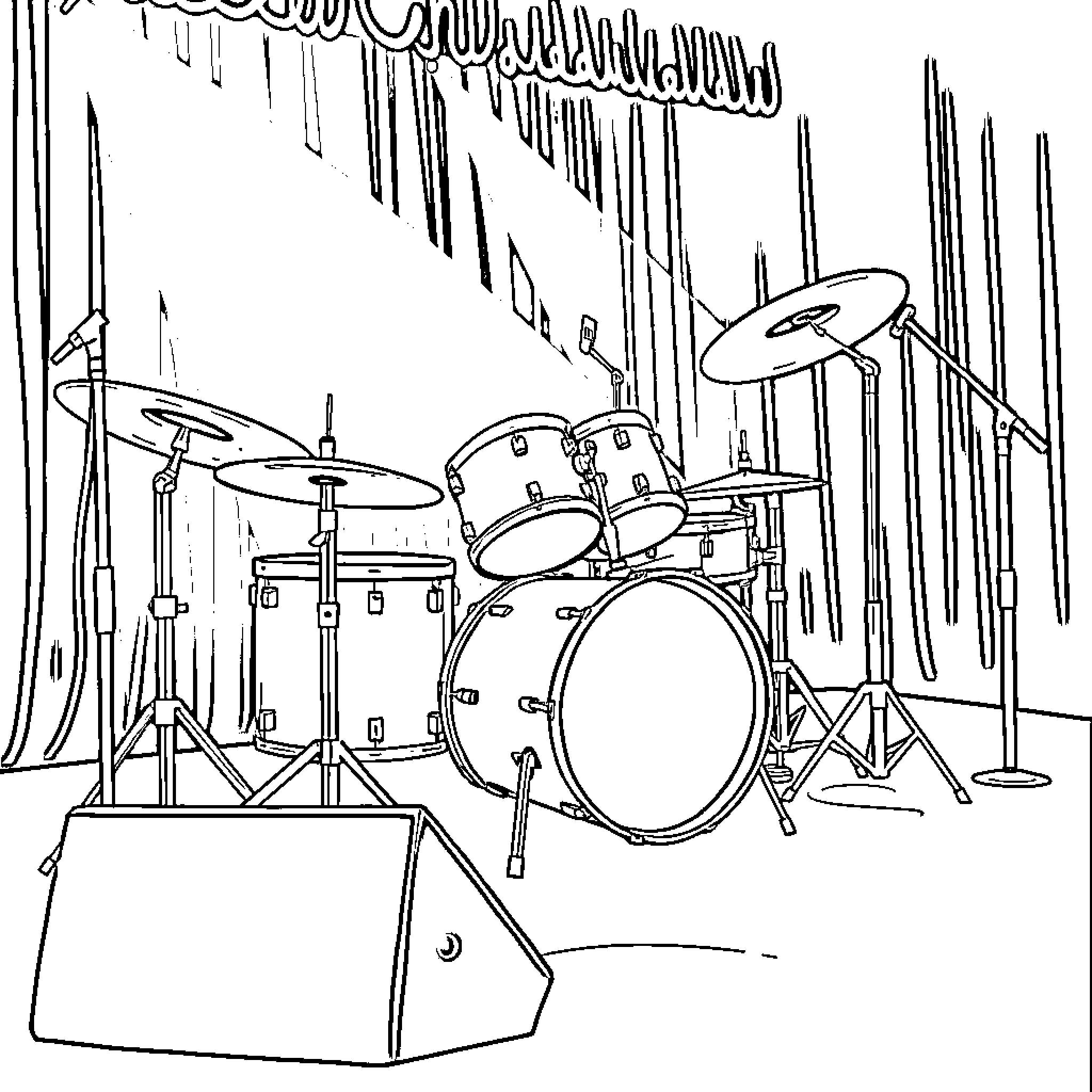 Drum set on stage with hanging curtains Coloring Page (free black-and-white line drawing printable PDF for all, from beginners to advanced learners, including children, teens, adults, and seniors)