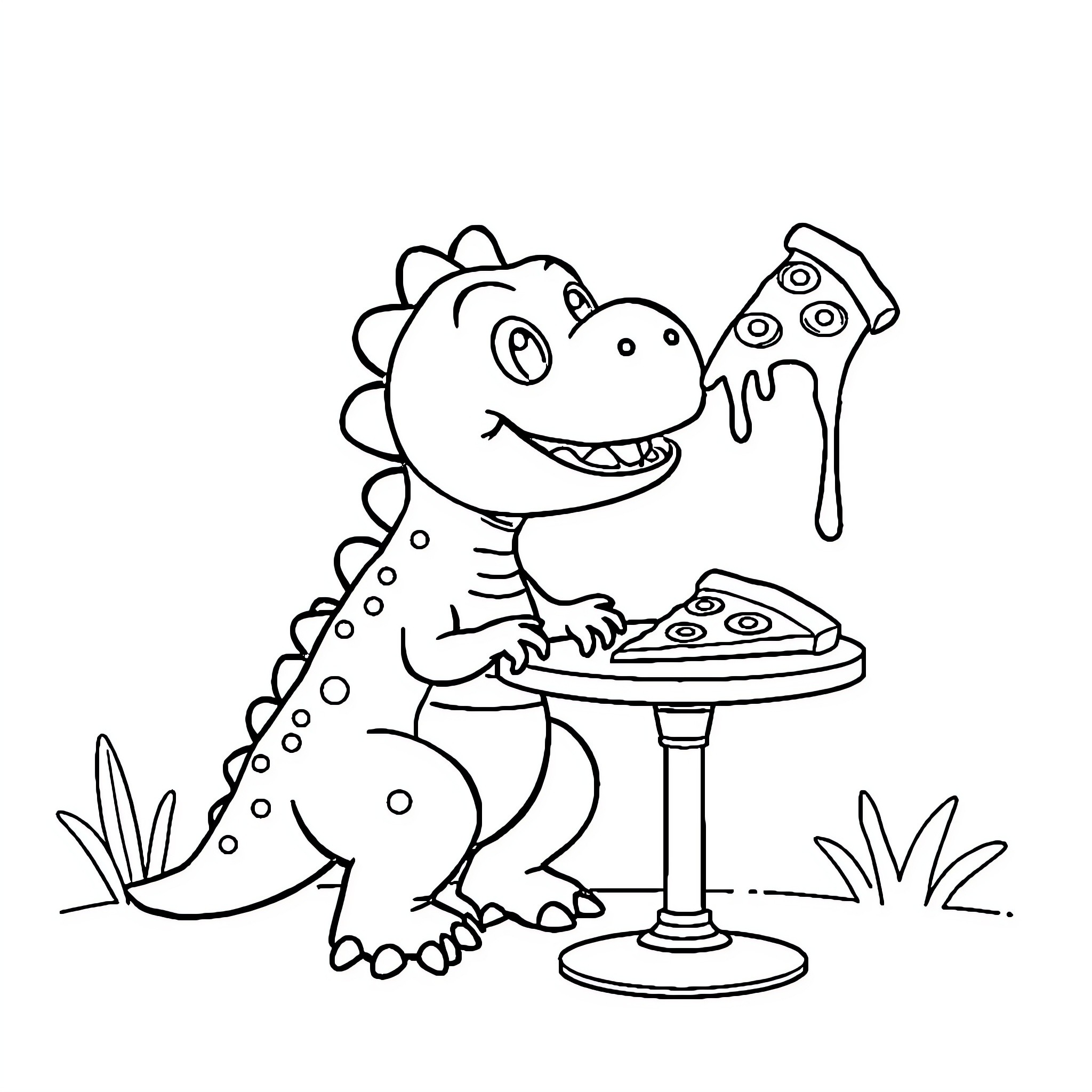 Dinosaur enjoying a delicious pizza Coloring Page (free black-and-white line drawing printable PDF for all, from beginners to advanced learners, including children, teens, adults, and seniors)