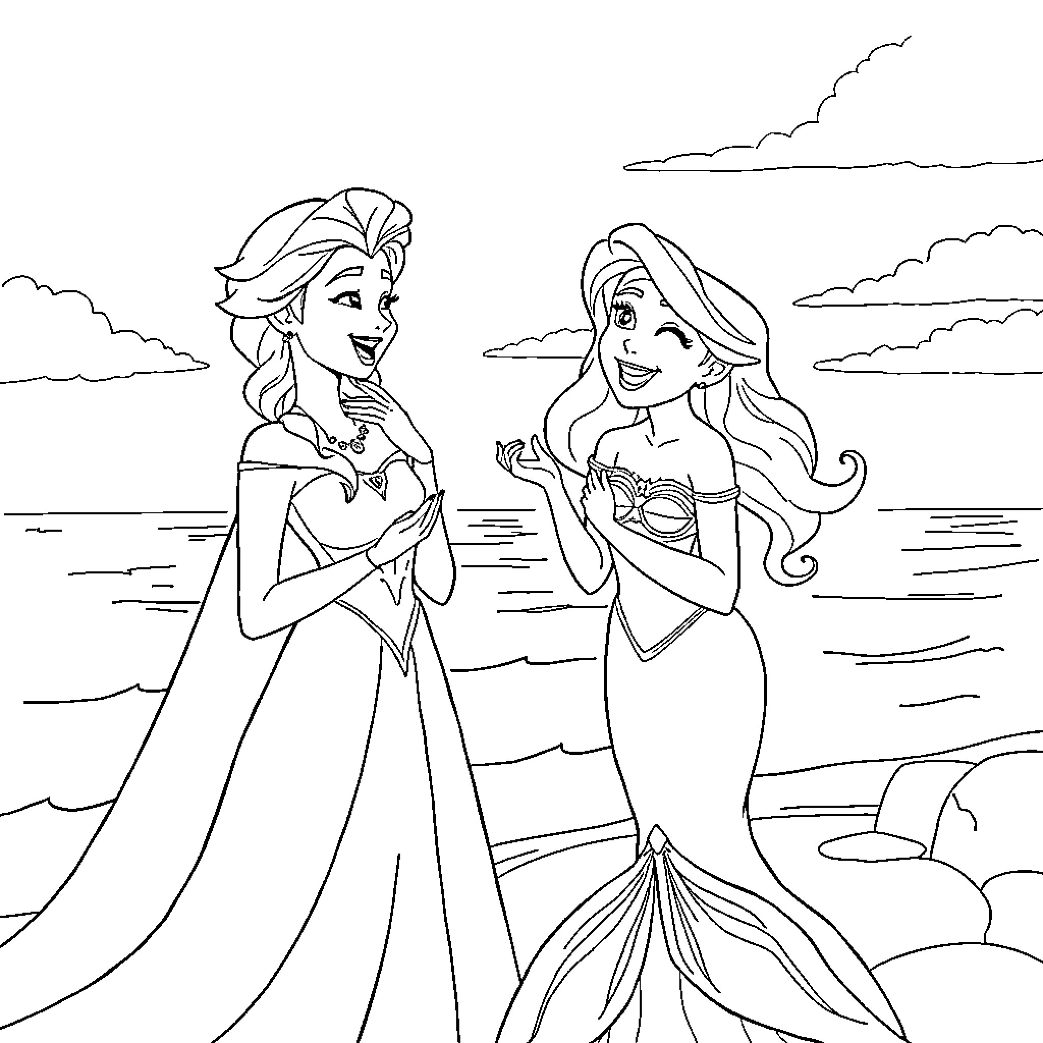 Elsa and Ariel's Enchanting Encounter at the Beach Coloring Page (free black-and-white line drawing printable PDF for all, from beginners to advanced learners, including children, teens, adults, and seniors)