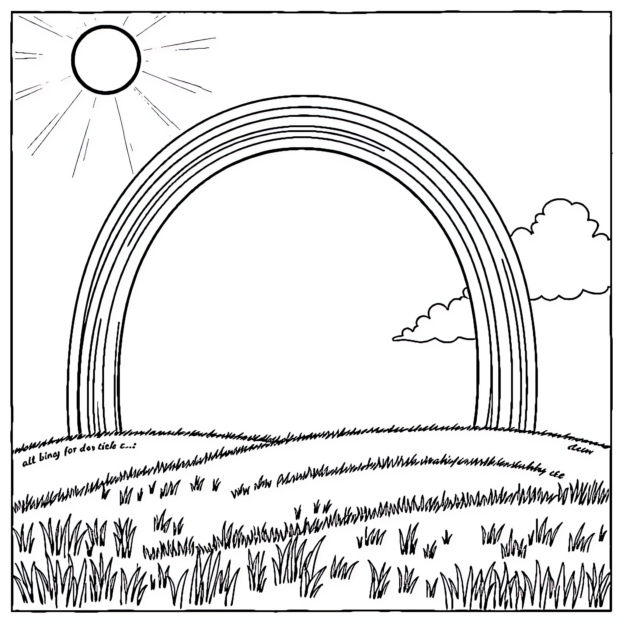 Rainbow Arch in Serene Landscape Coloring Page (free black-and-white line drawing printable PDF for all, from beginners to advanced learners, including children, teens, adults, and seniors)