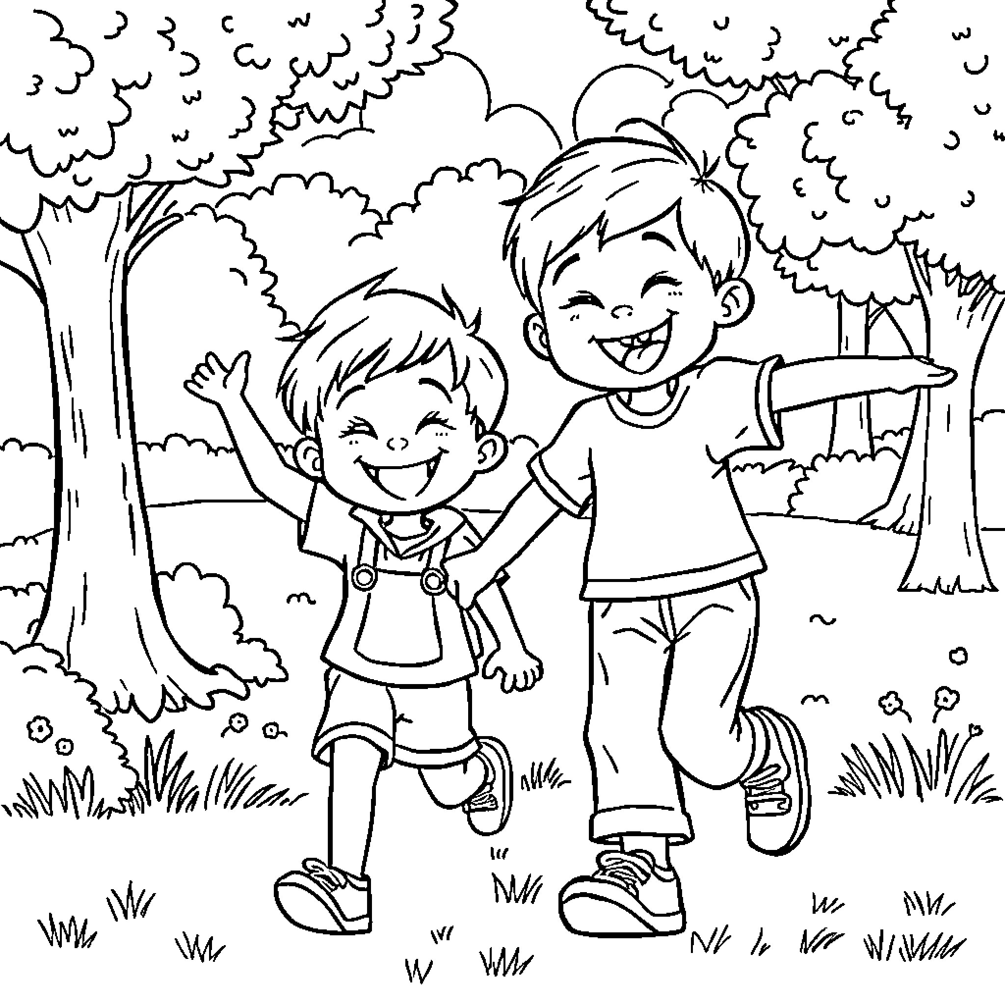 Number Two Boys Playing Happily Outdoors Coloring Page (free black-and-white line drawing printable PDF for all, from beginners to advanced learners, including children, teens, adults, and seniors)