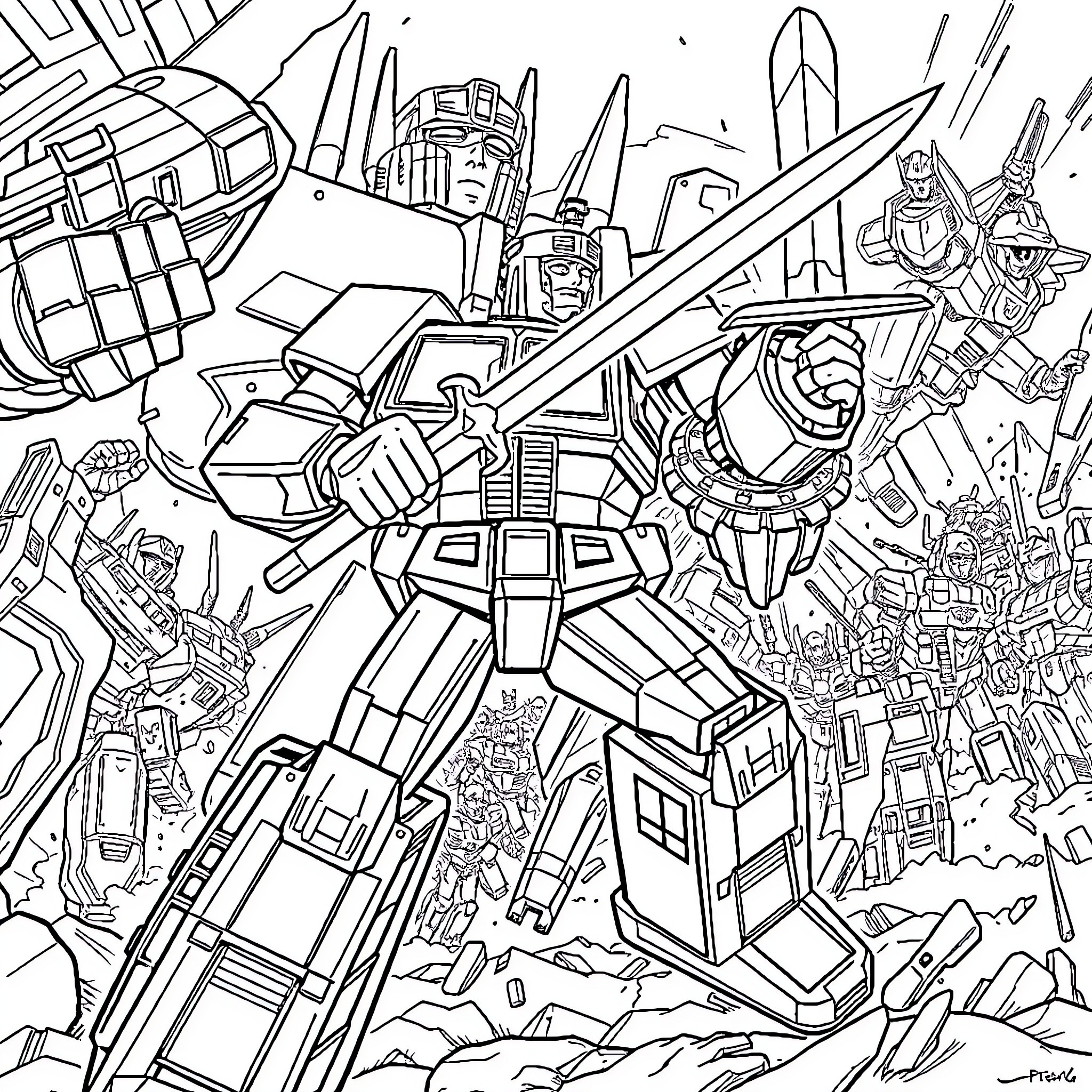Optimus Prime leading the Autobots in an epic battle Coloring Page (free black-and-white line drawing printable PDF for all, from beginners to advanced learners, including children, teens, adults, and seniors)