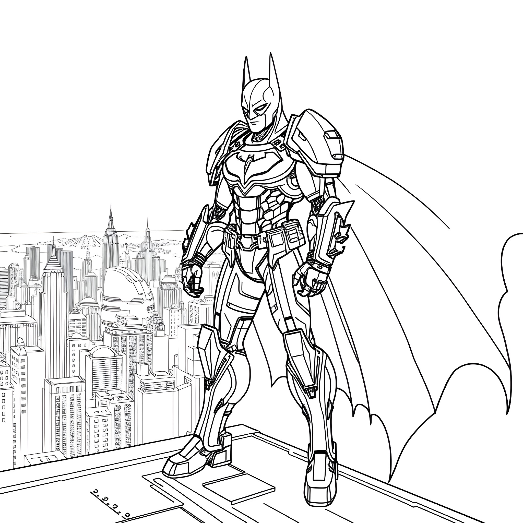 Mecha Batman taking action in the city Coloring Page (free black-and-white line drawing printable PDF for all, from beginners to advanced learners, including children, teens, adults, and seniors)