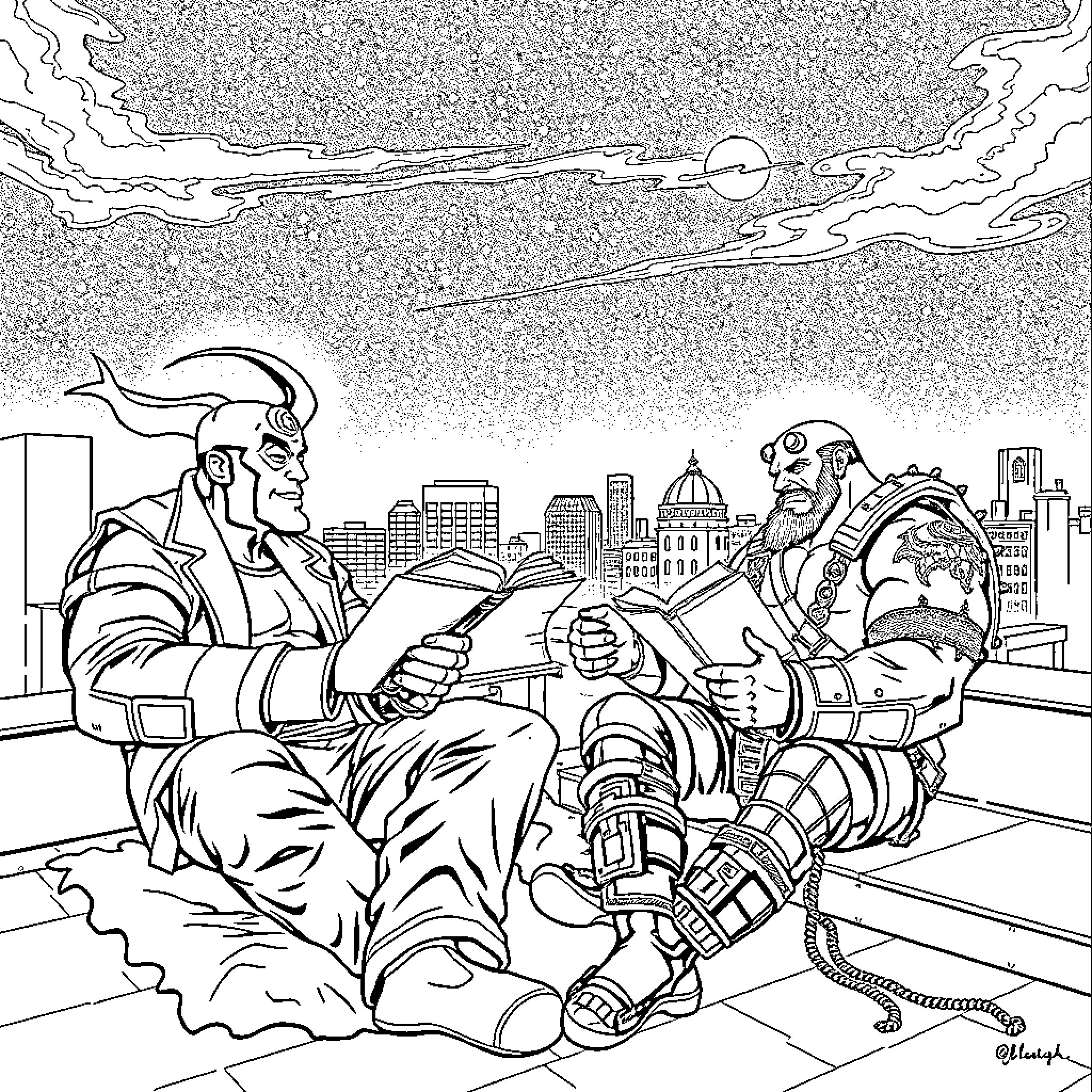 Pete Steele's Futuristic Adventure on a Rooftop Coloring Page (free black-and-white line drawing printable PDF for all, from beginners to advanced learners, including children, teens, adults, and seniors)