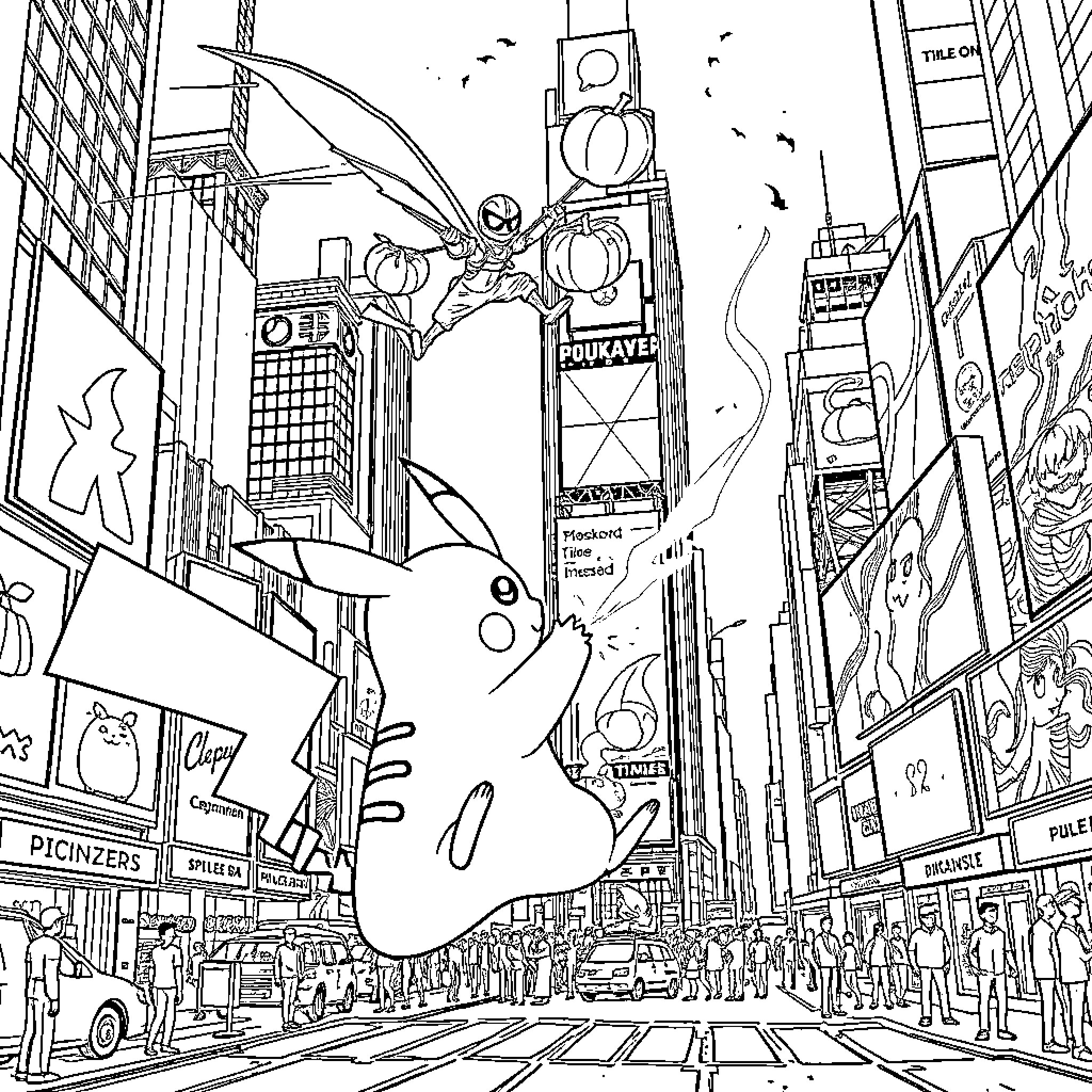 Pikachu soaring over a vibrant city scene Coloring Page (free black-and-white line drawing printable PDF for all, from beginners to advanced learners, including children, teens, adults, and seniors)