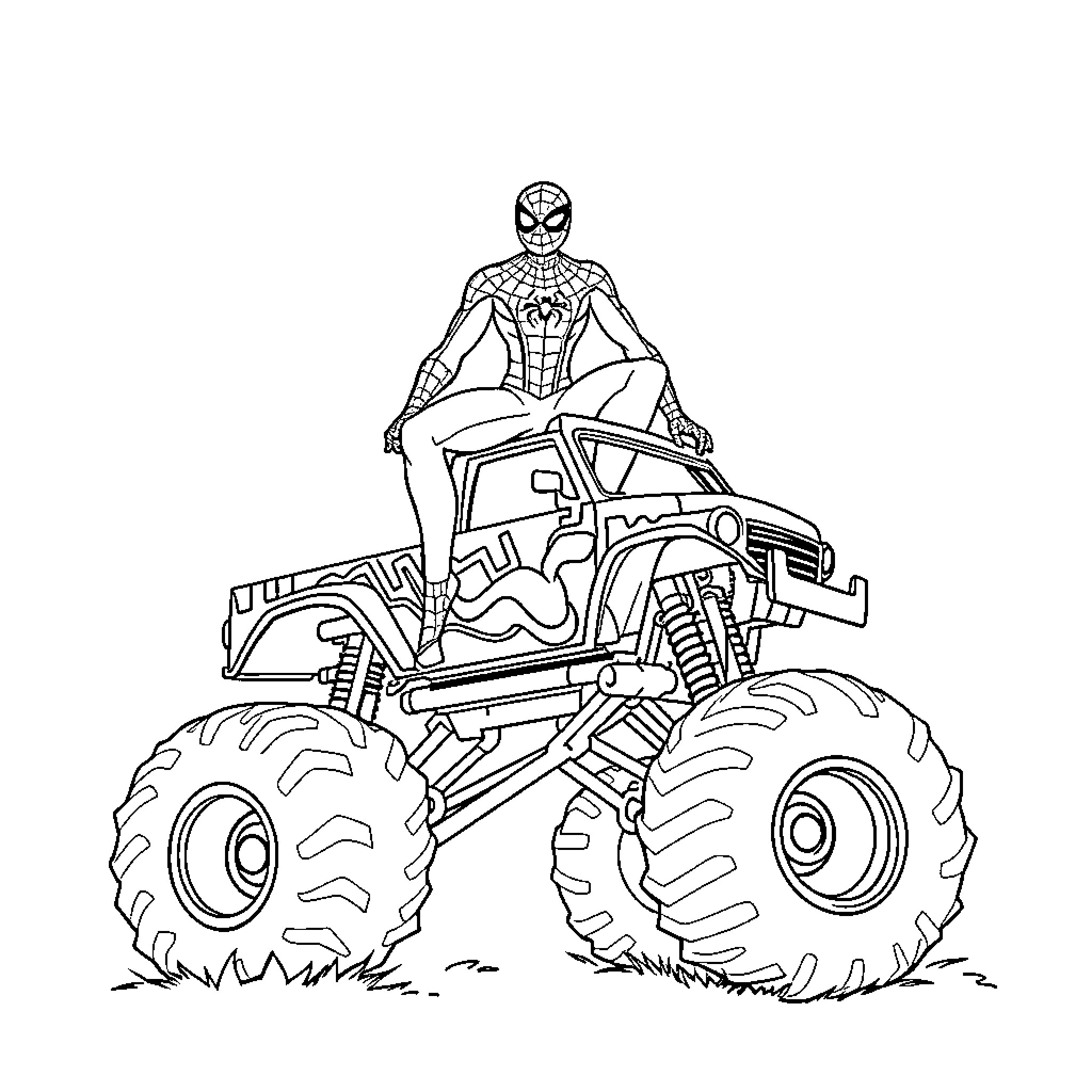 Spider-Man riding a monster truck through the field Coloring Page (free black-and-white line drawing printable PDF for all, from beginners to advanced learners, including children, teens, adults, and seniors)